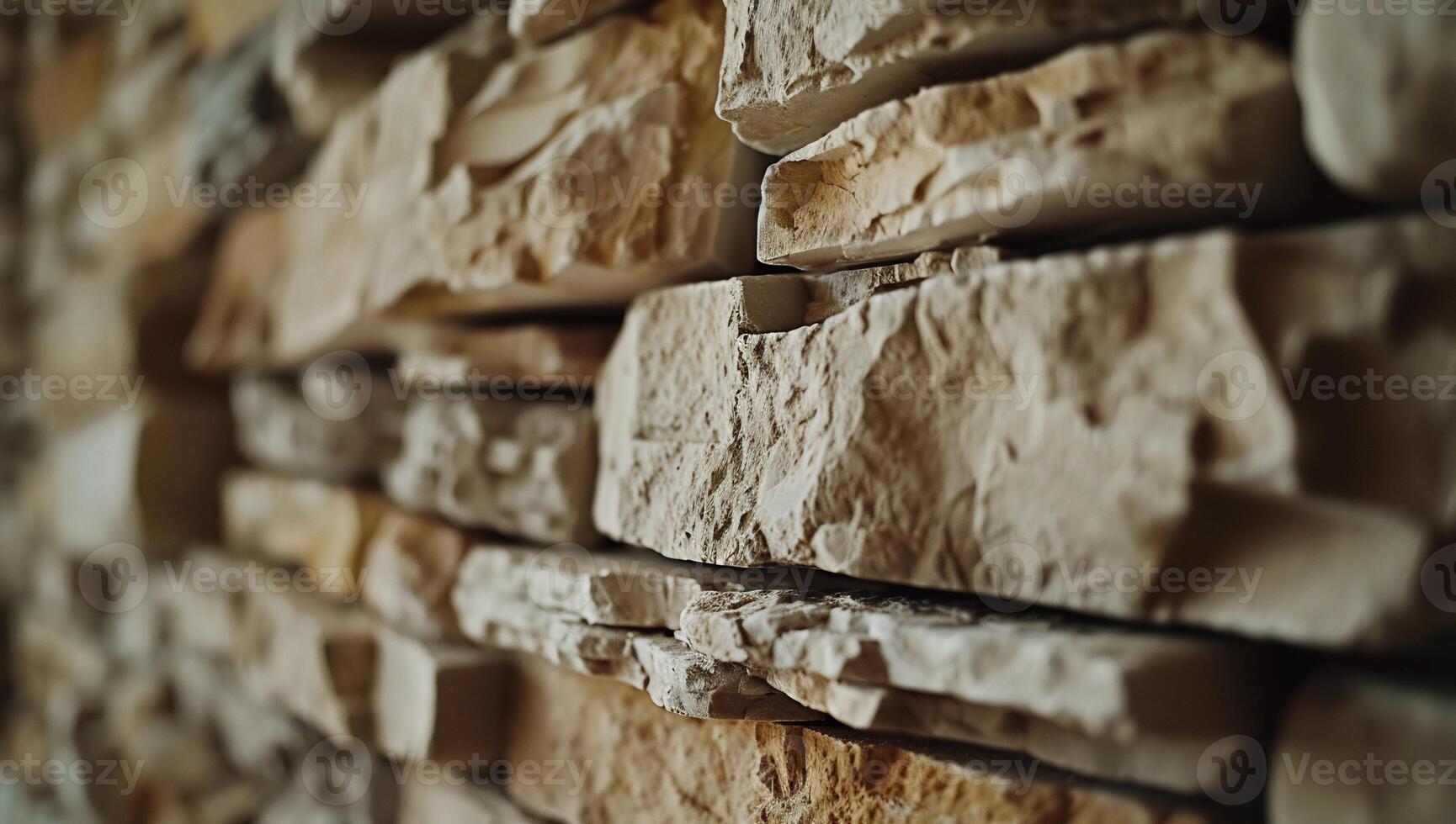 Close-up view of a stacked stone wall. Natural stone cladding, various beige and tan hues. Intricate textures and patterns photo