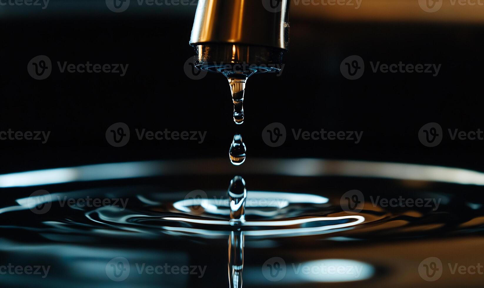 Water dripping from faucet into a pool of water photo