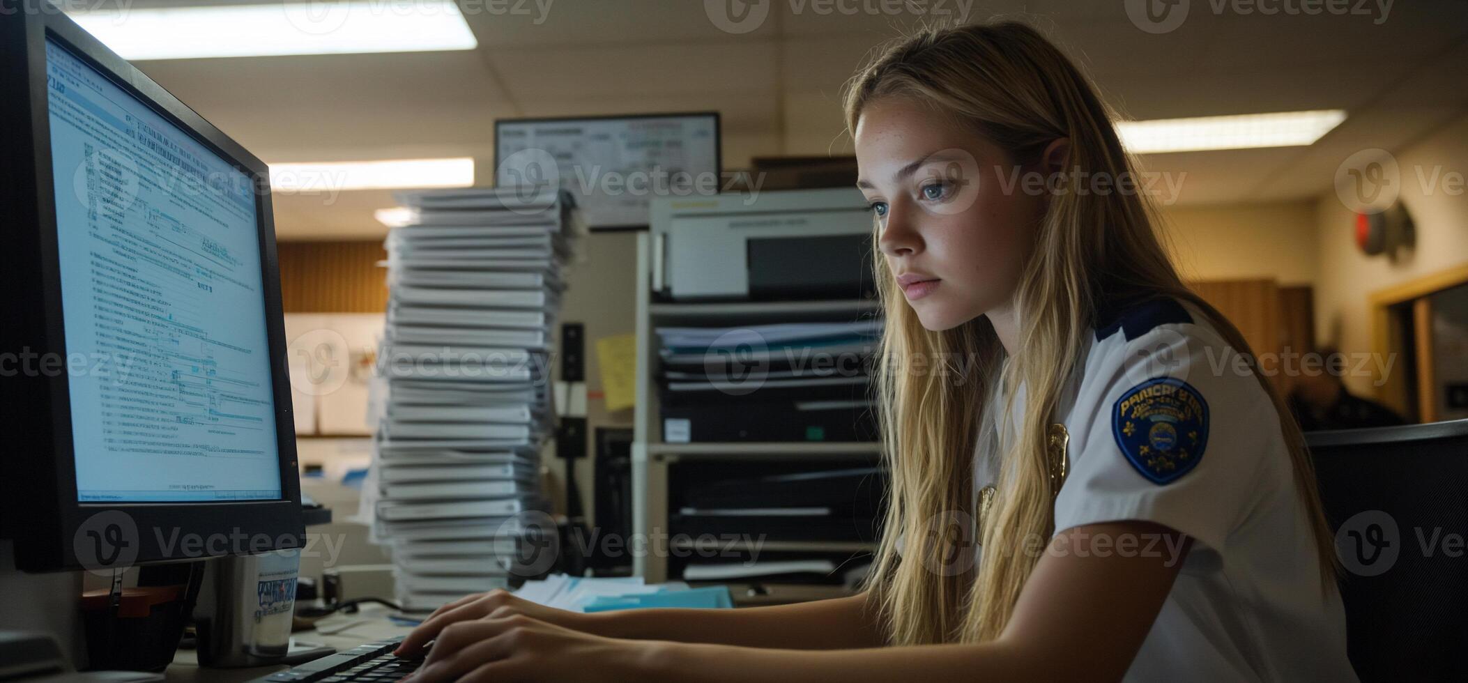A young woman in a police uniform is working on a computer photo