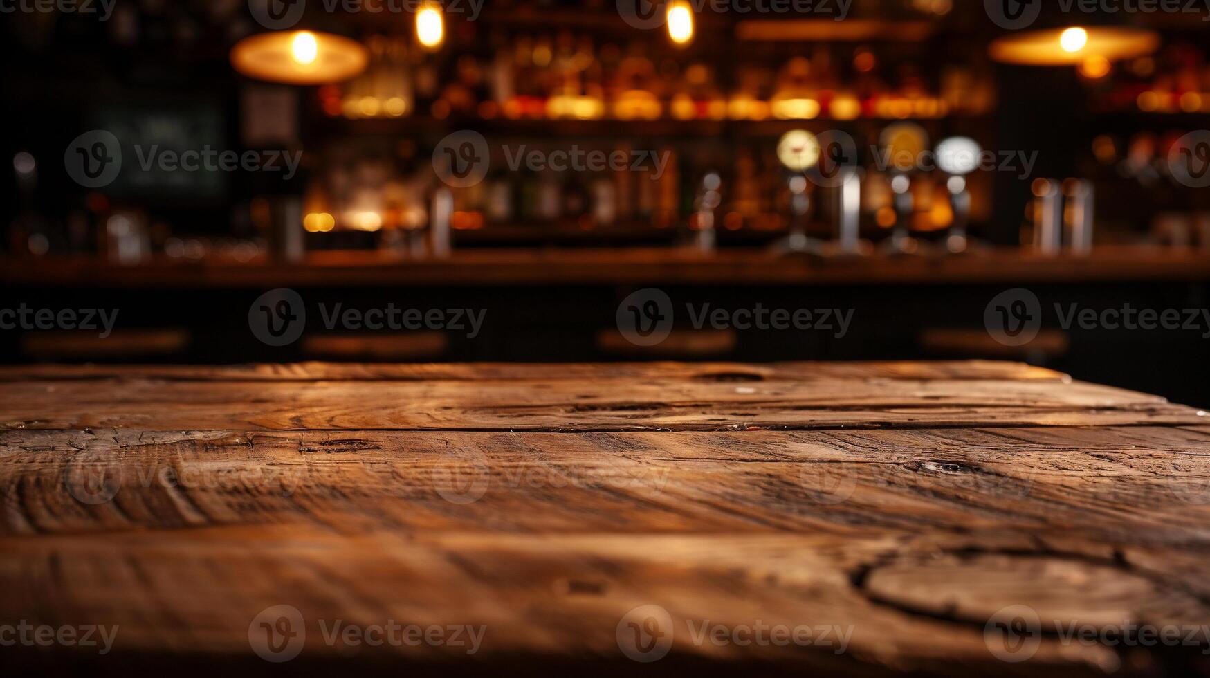Rustic wooden bar top, dimly lit pub interior photo