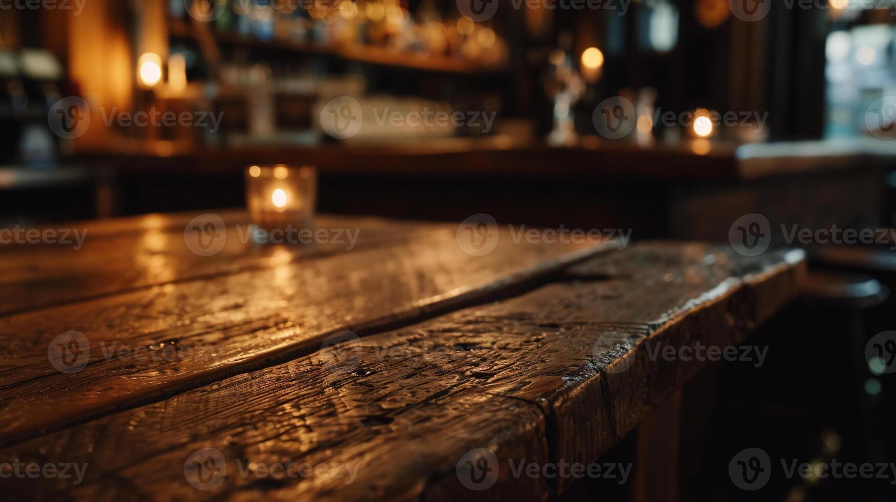 Rustic bar top with warm candlelight photo