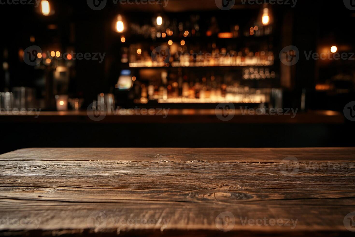 Empty wooden bar top, dark pub interior photo