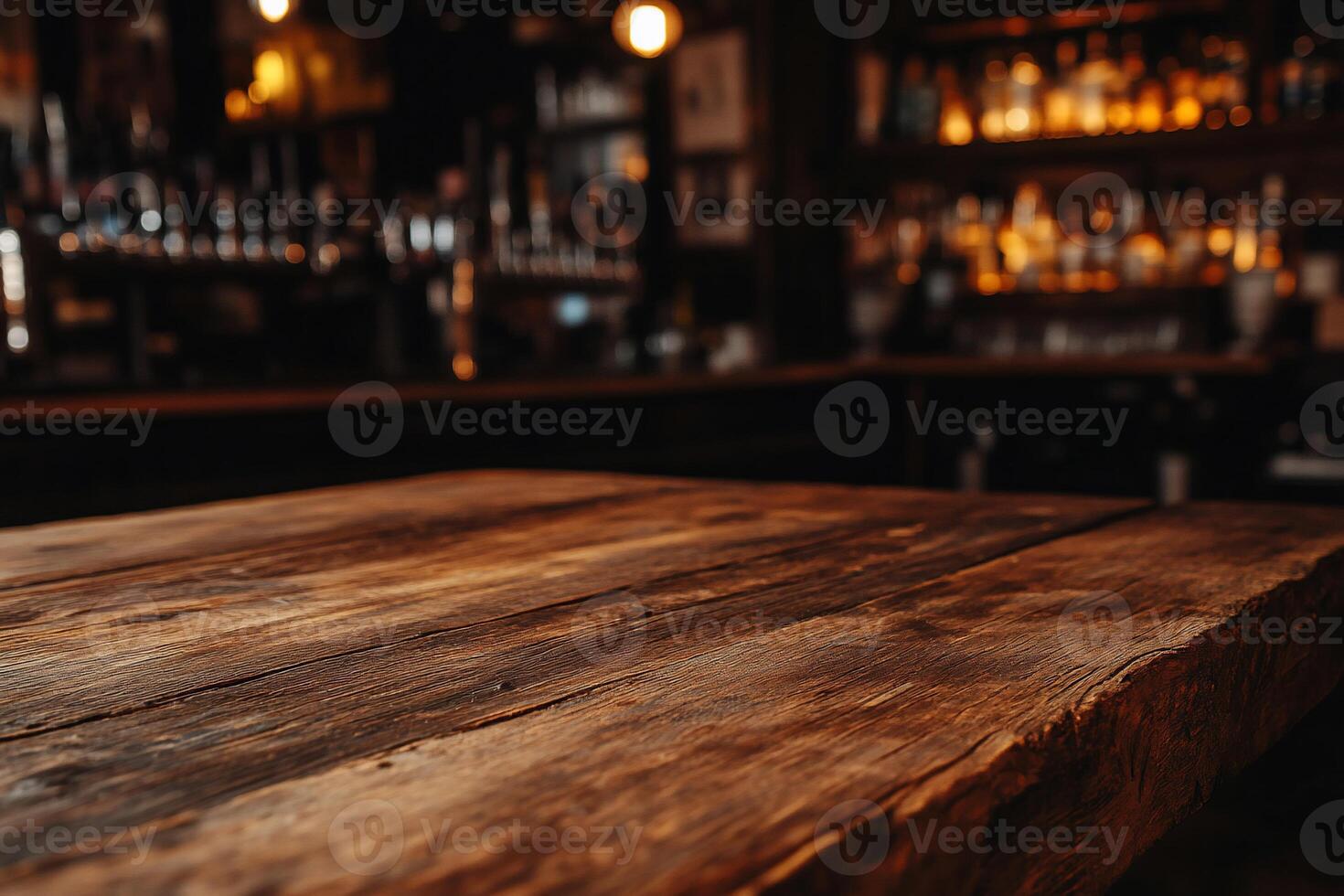 Rustic wooden bar table in dimly lit pub photo