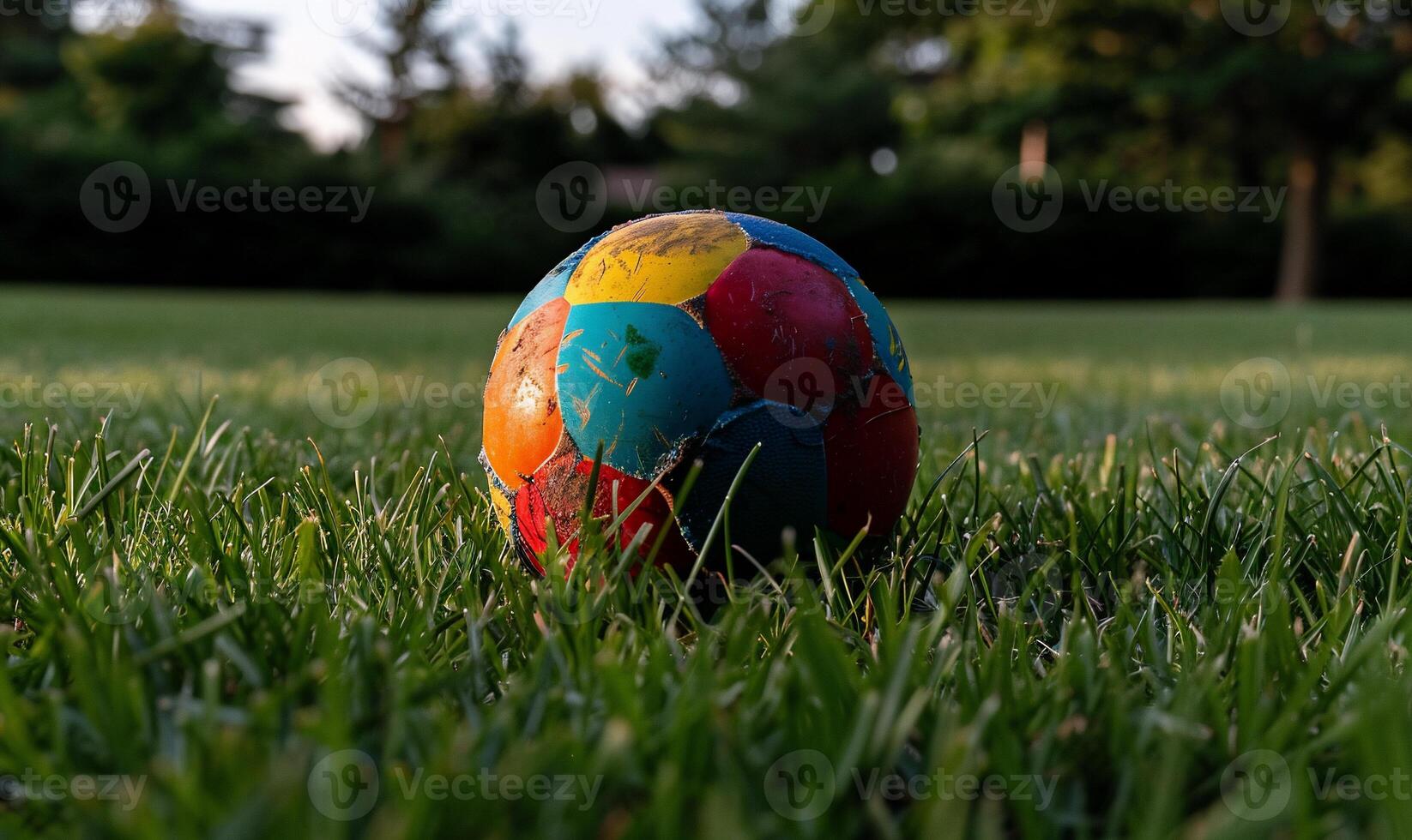 A colorful soccer ball sits on the grass photo