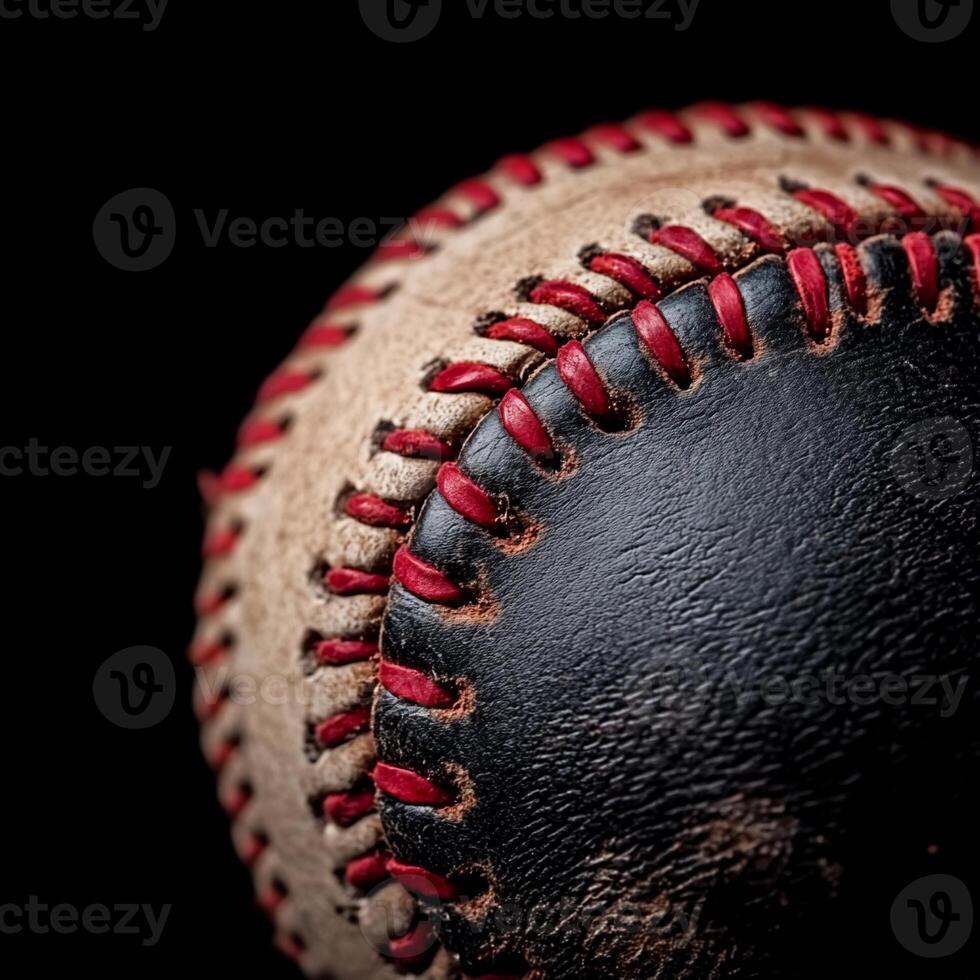 Close-up of a well-used baseball. Detailing stitching and leather photo