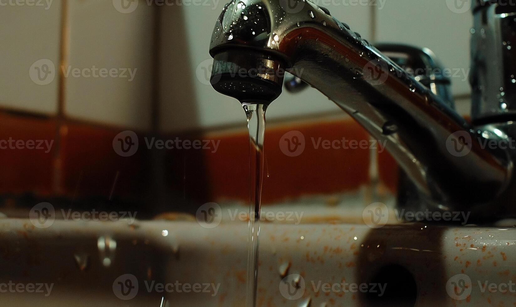 Water dripping from faucet in a sink photo