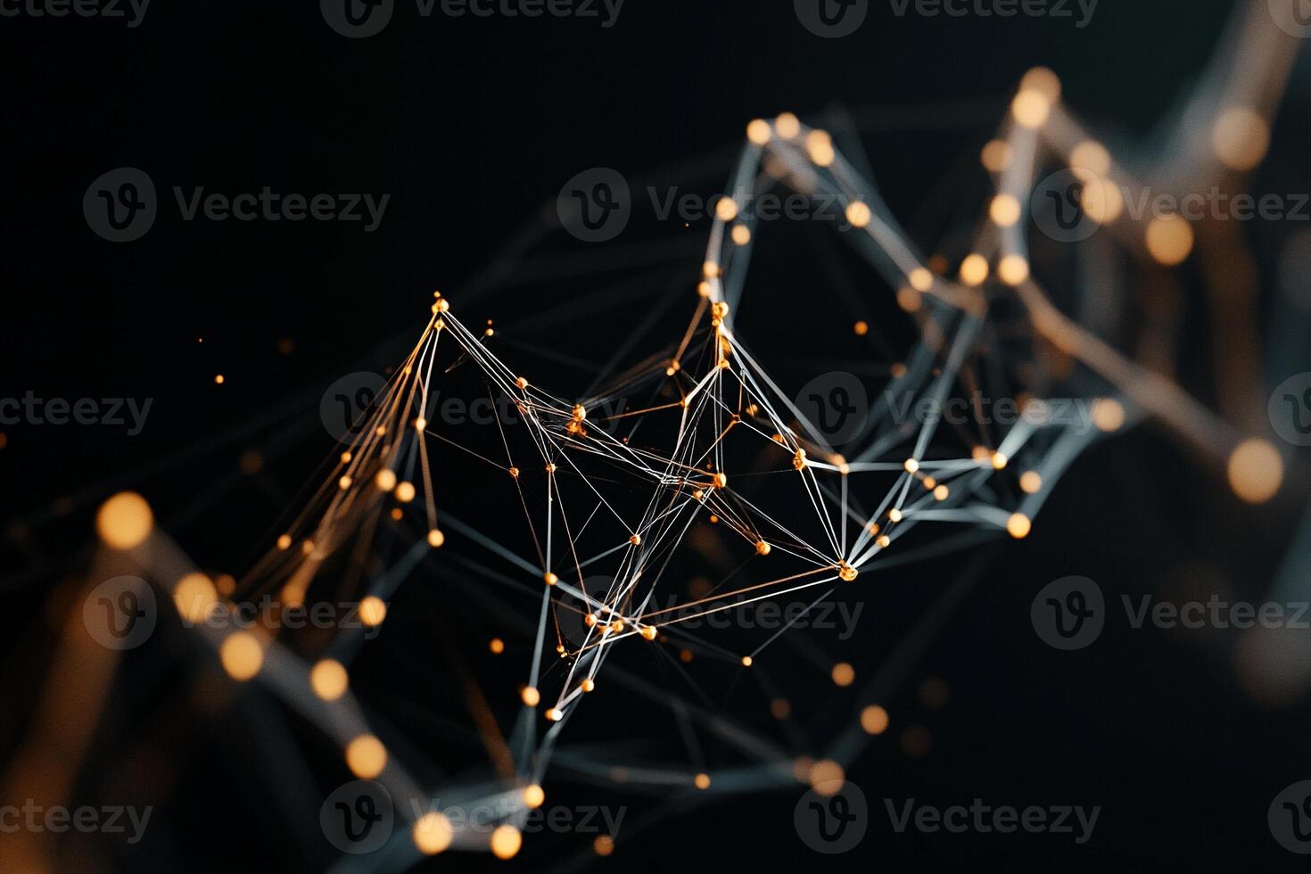 Abstract network of interconnected points and lines, creating a dynamic, swirling pattern against a dark background. The lines and points have a golden hue, creating a sense of energy and complexity photo