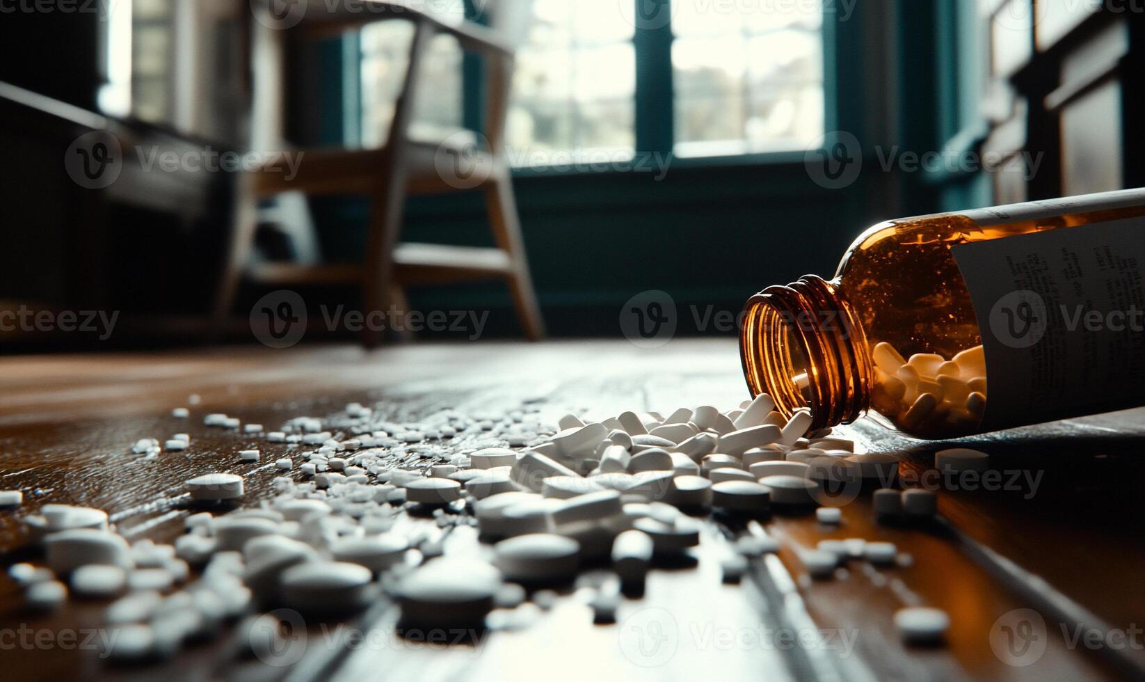Scattered pills on wooden floor photo