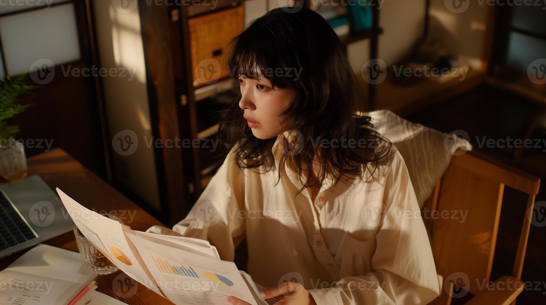 A woman is sitting at a desk with a laptop and papers photo