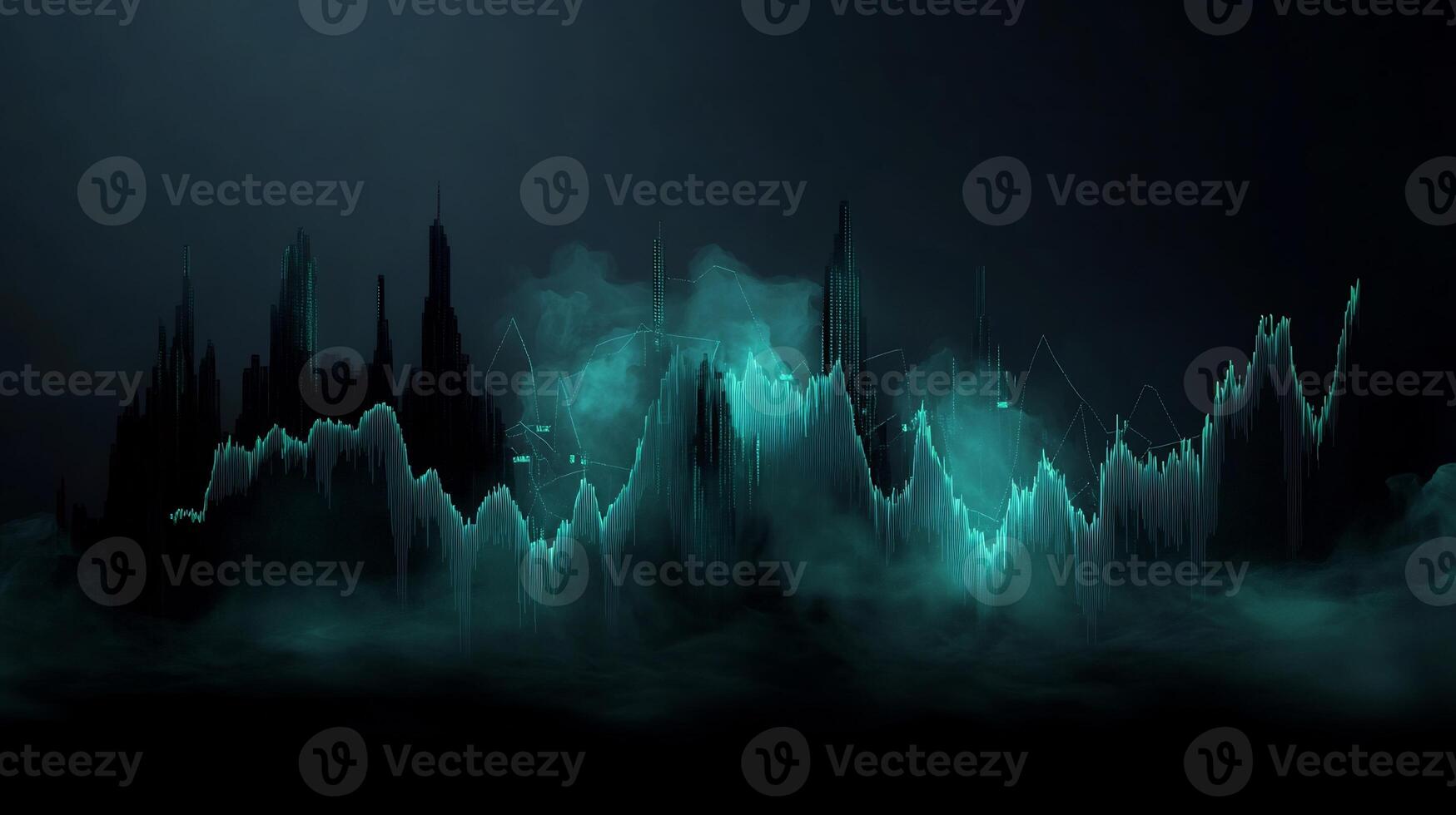 Dark, ethereal, futuristic cityscape obscured by mist photo