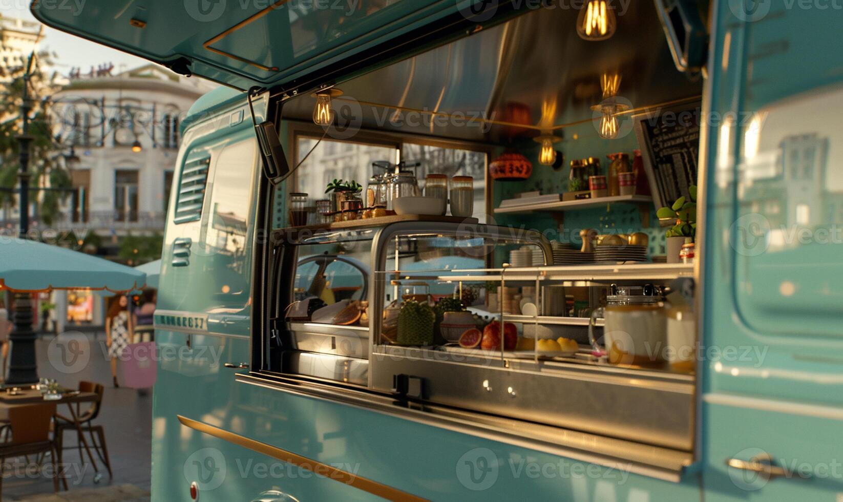 Vintage food truck with open door, showcasing fresh food and drinks photo