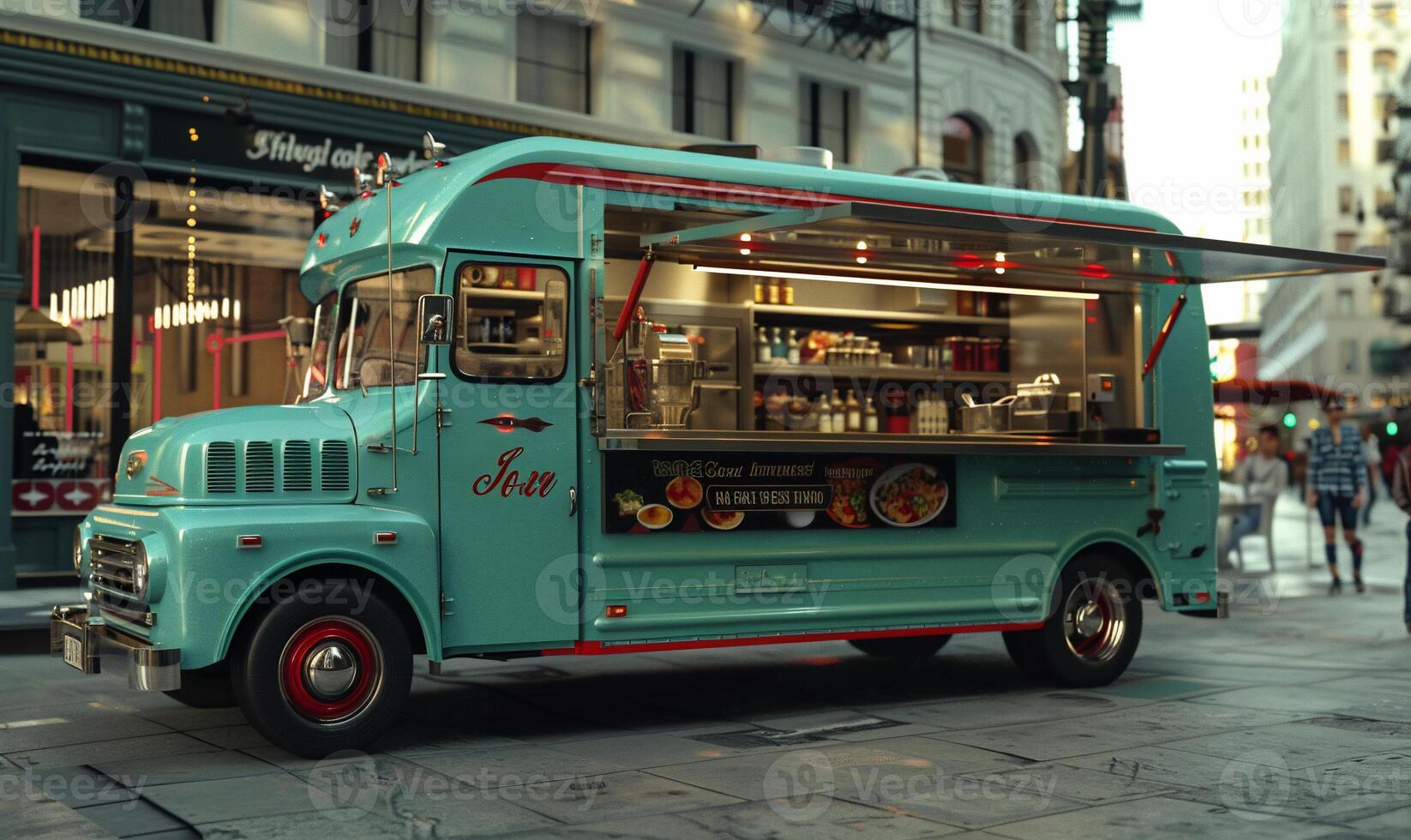 Retro food truck parked on city street photo