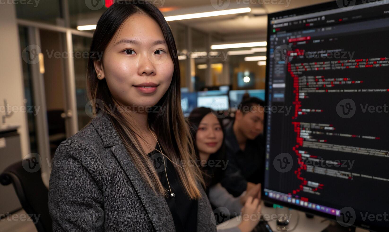 Asian woman in tech office, focused on coding photo