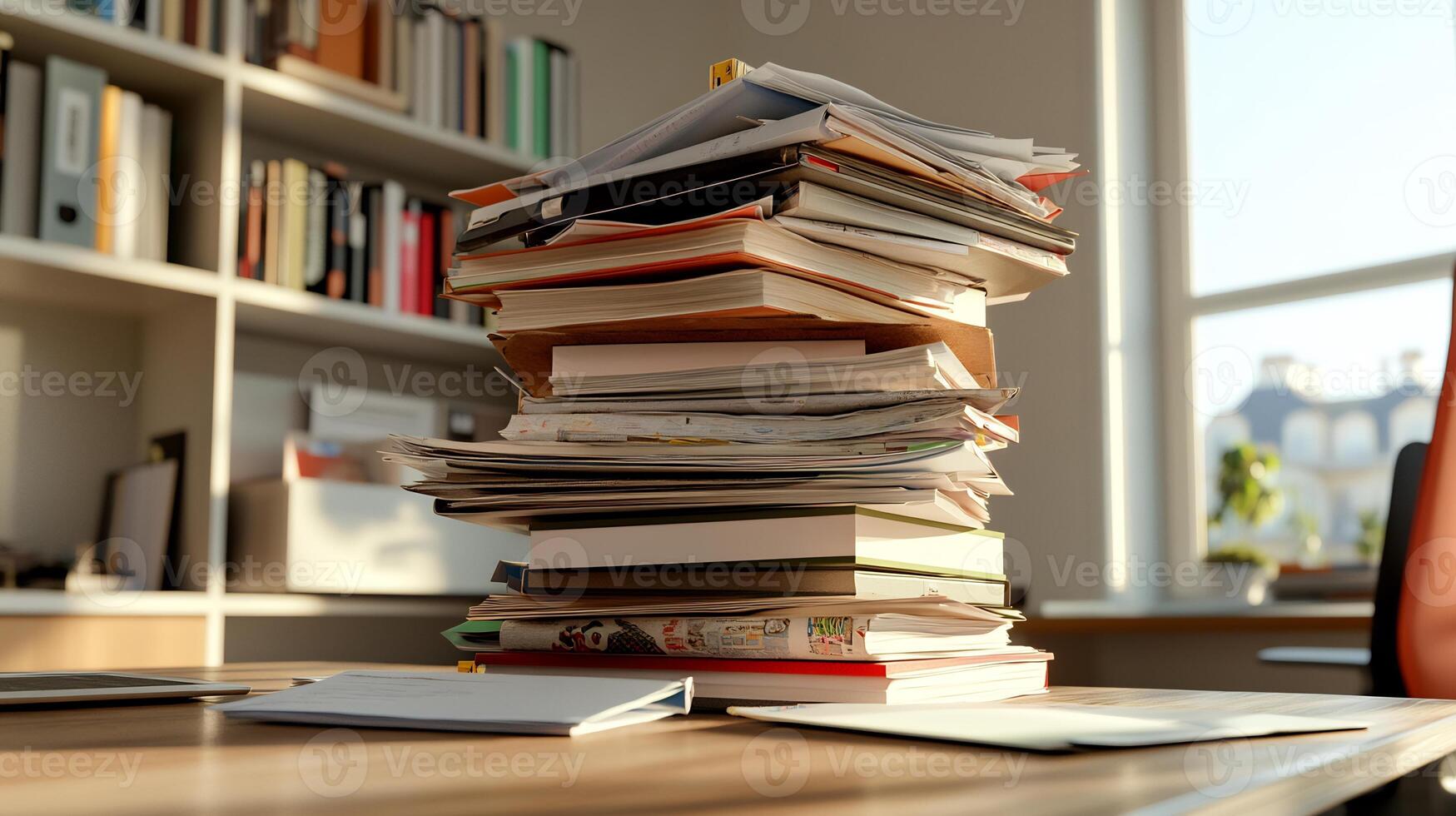 Tower of books and papers on desk photo