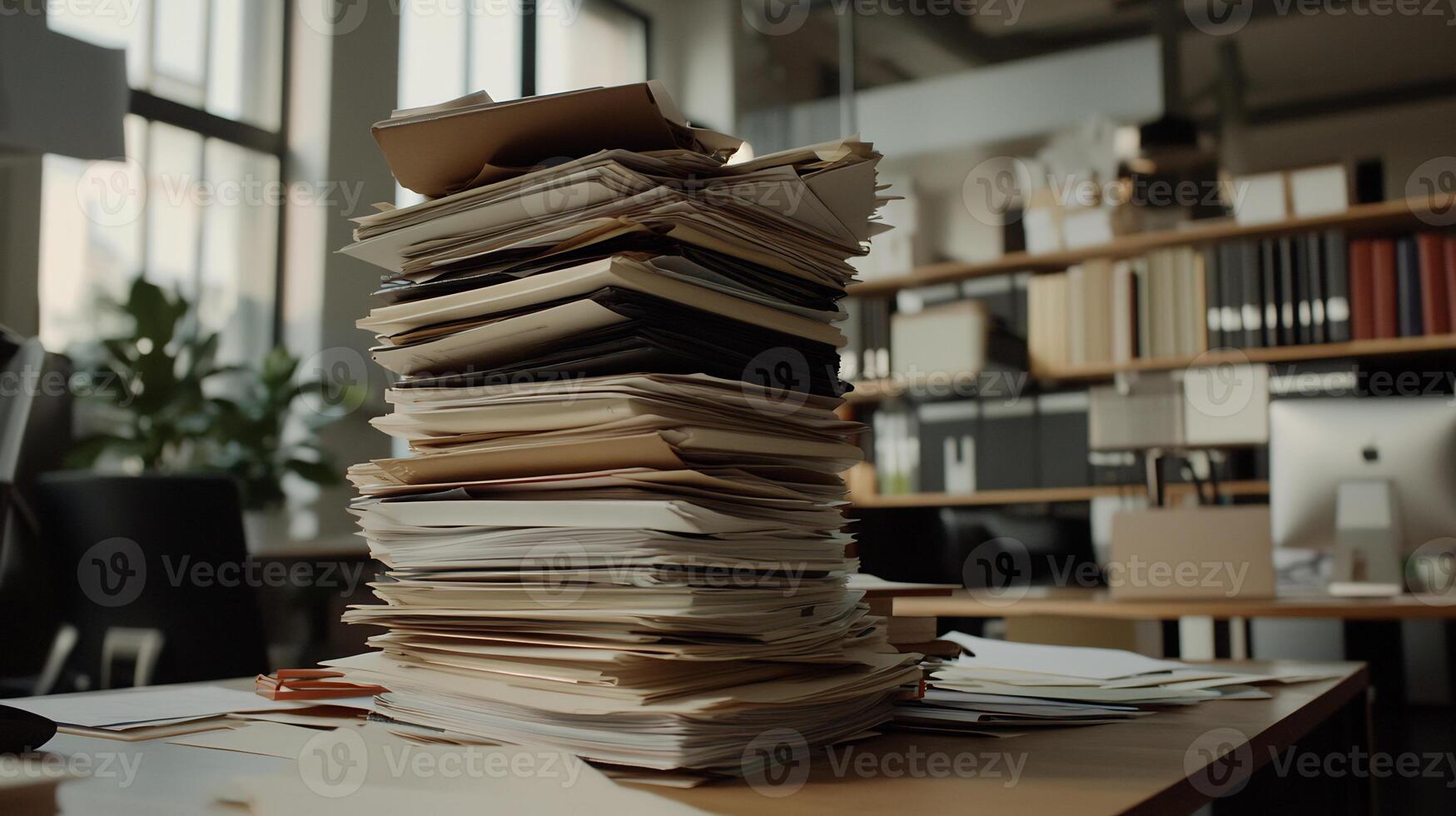 High stack of papers on a cluttered office desk photo