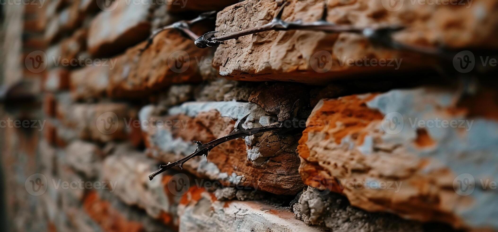 Aged Stone Wall with Barbed Wire photo