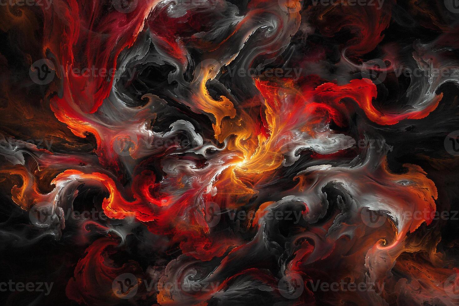 Abstract swirling chaotic forms in fiery reds, oranges, and grays photo