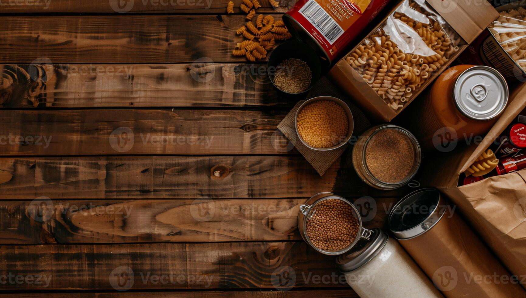 Assorted food items on wooden surface. Various canned and packaged goods, including pasta, sauces, and grains, are visible photo