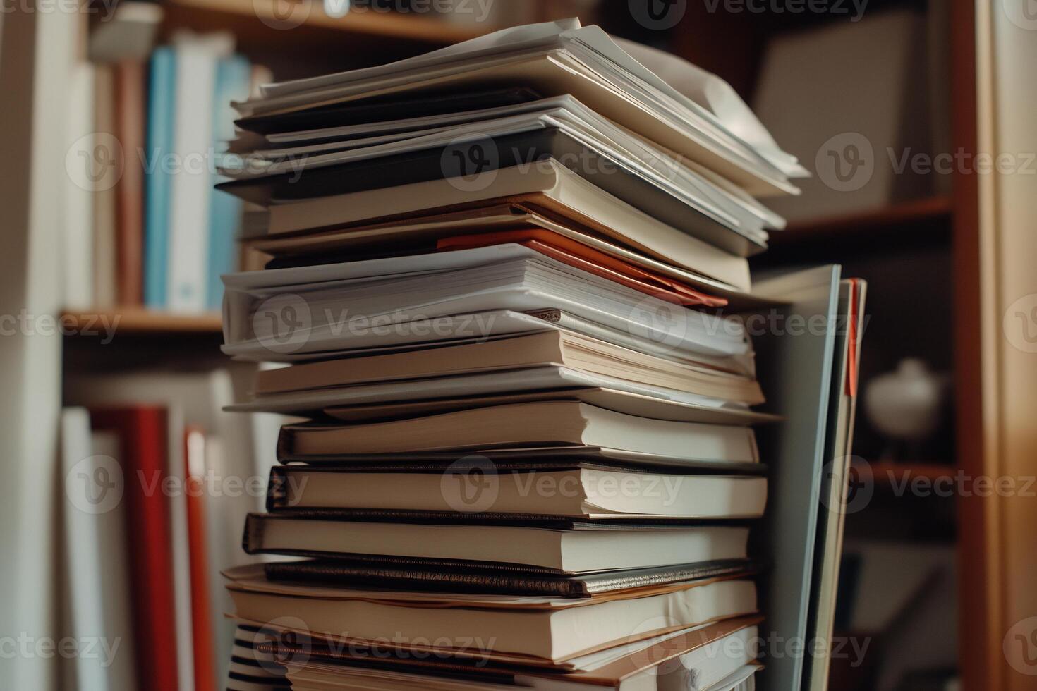 High stack of books and papers, overflowing photo