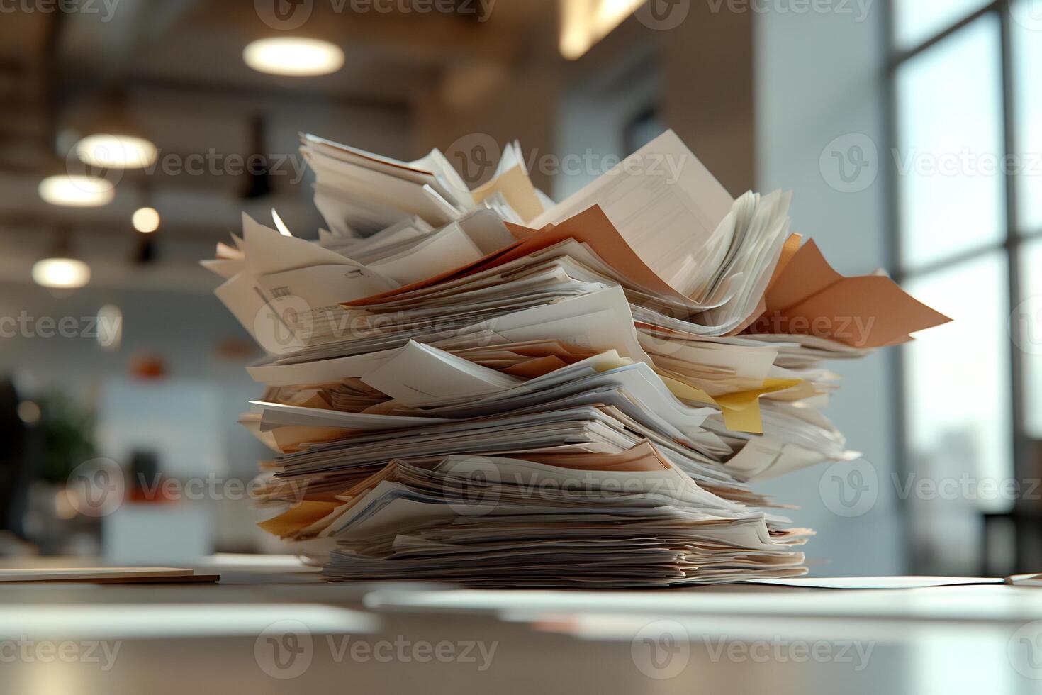 A pile of papers on a desk in an office photo