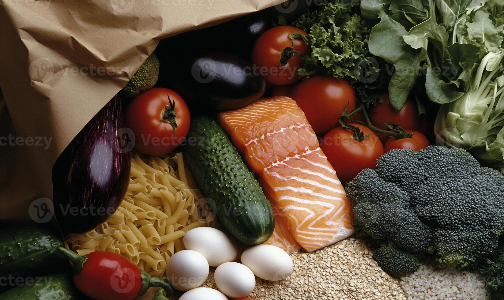 Fresh, varied produce and protein assortment in paper bag photo