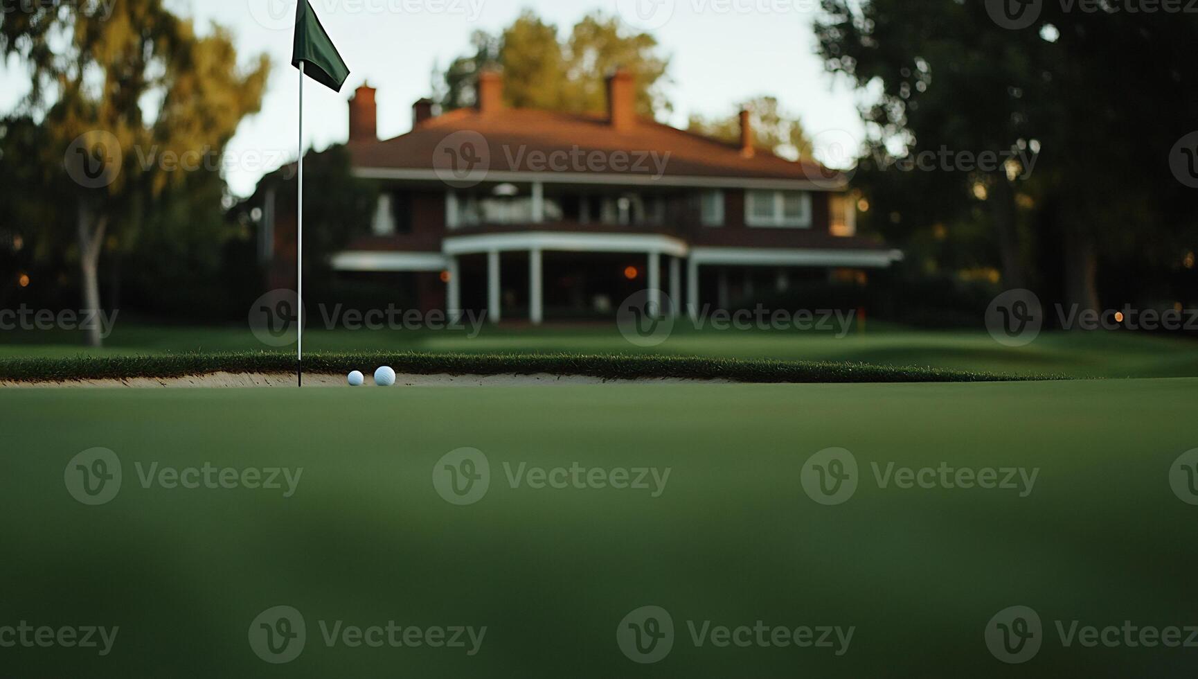 Golf putting green with house in background photo