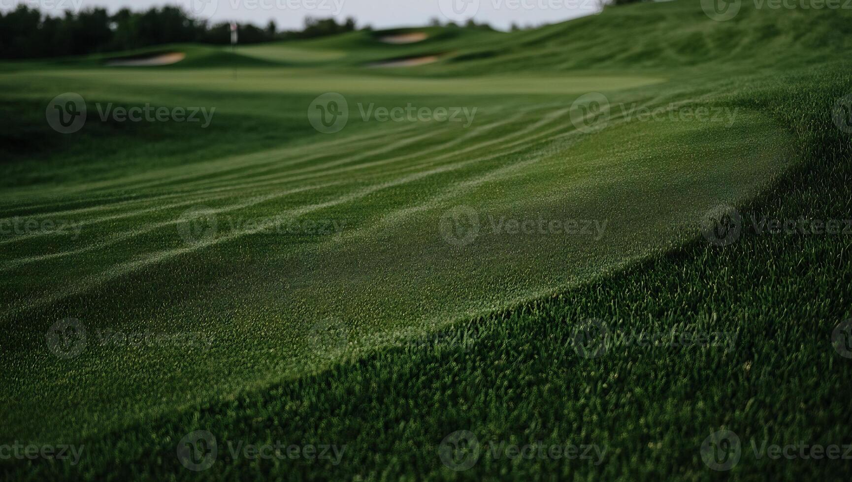 Lush green golf course fairway. Well-maintained, rolling hills of precisely cut grass photo