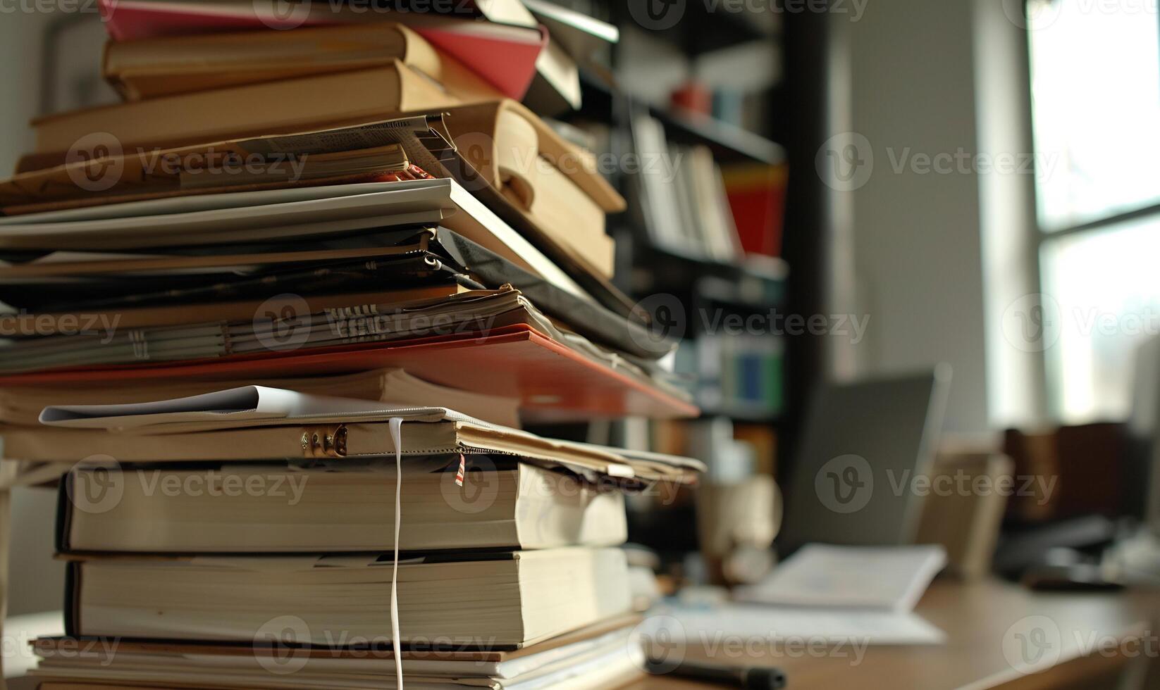 High stack of books and papers on a desk photo