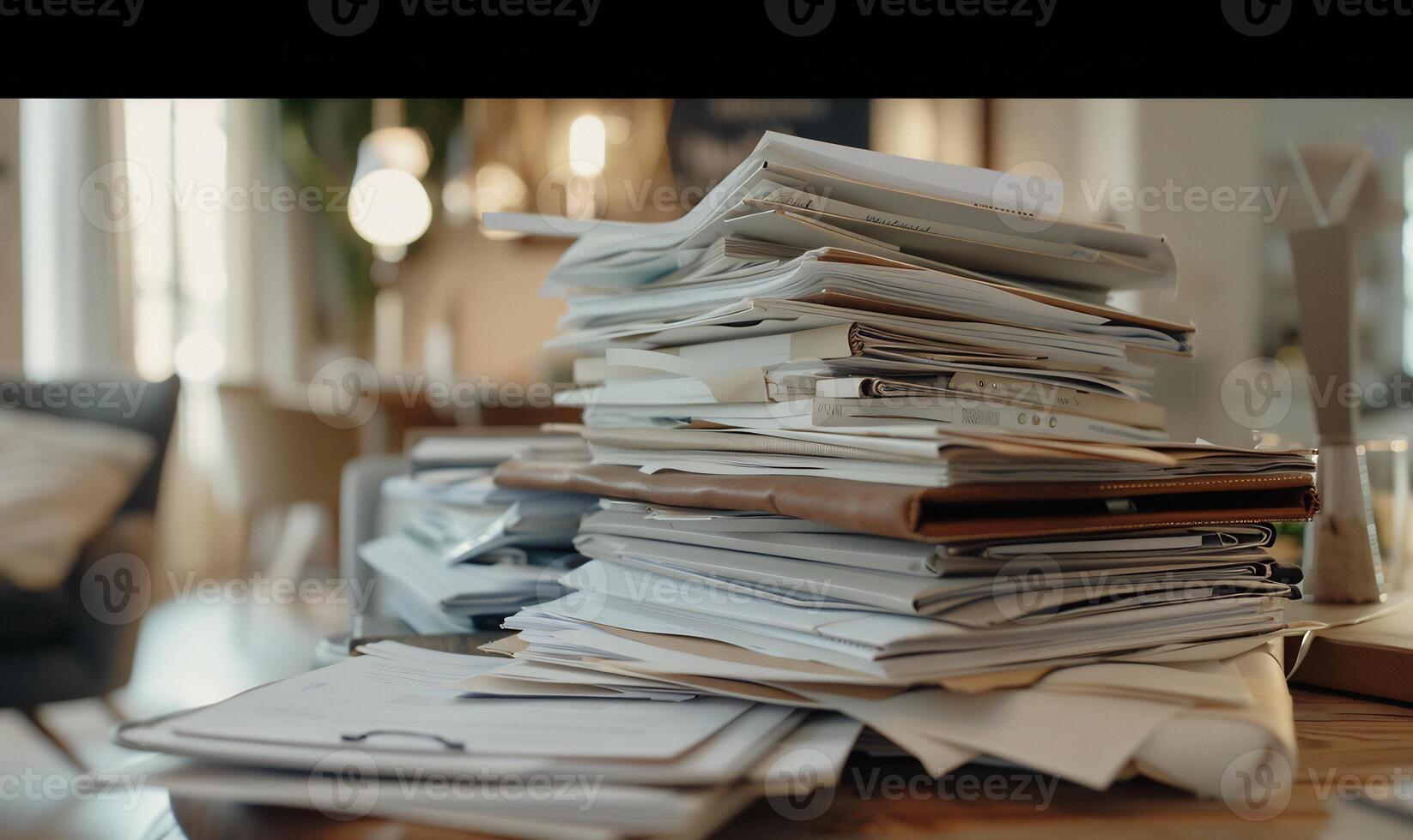A pile of papers on a desk in a living room photo