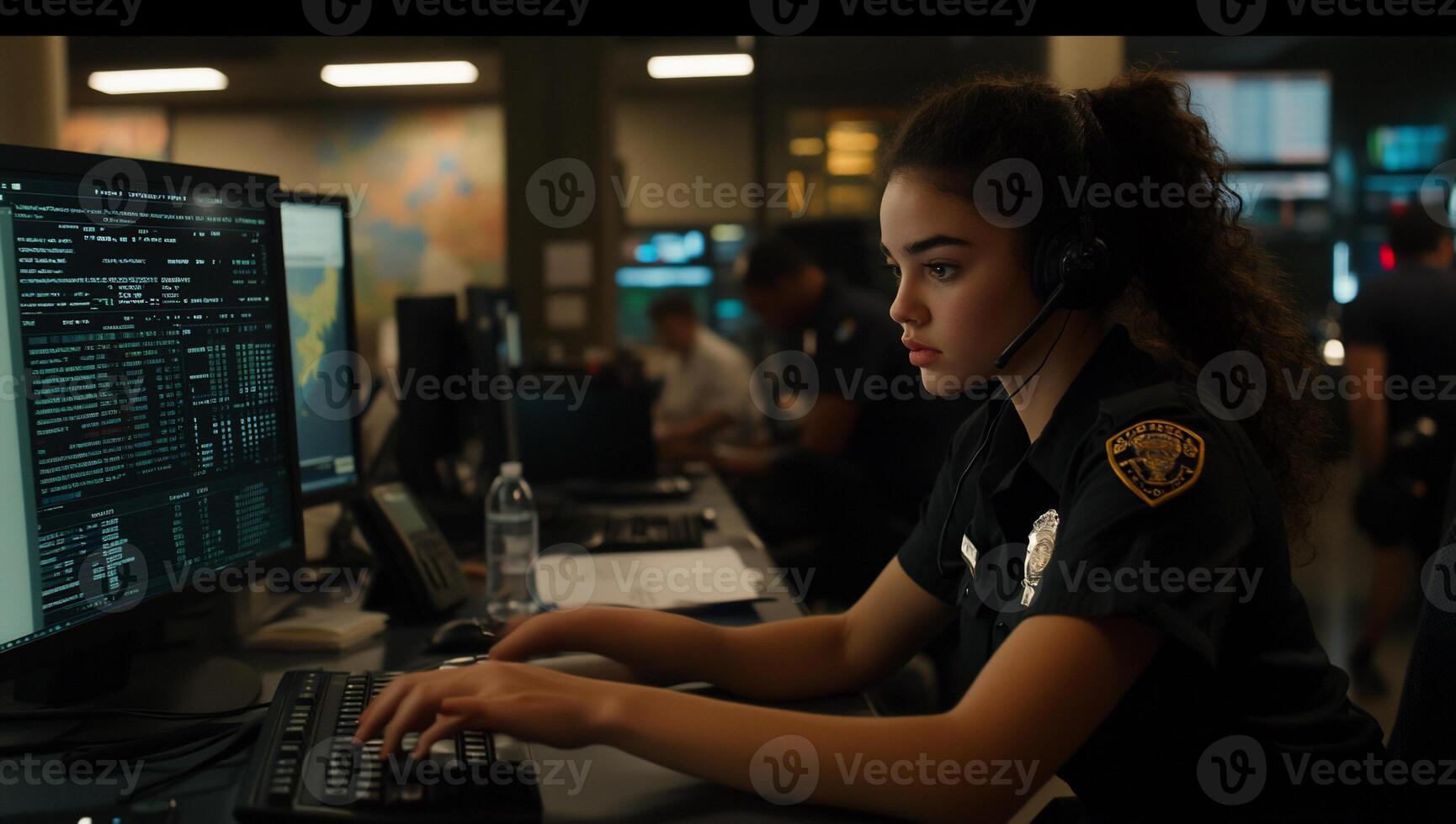 Young woman officer works at dispatch photo