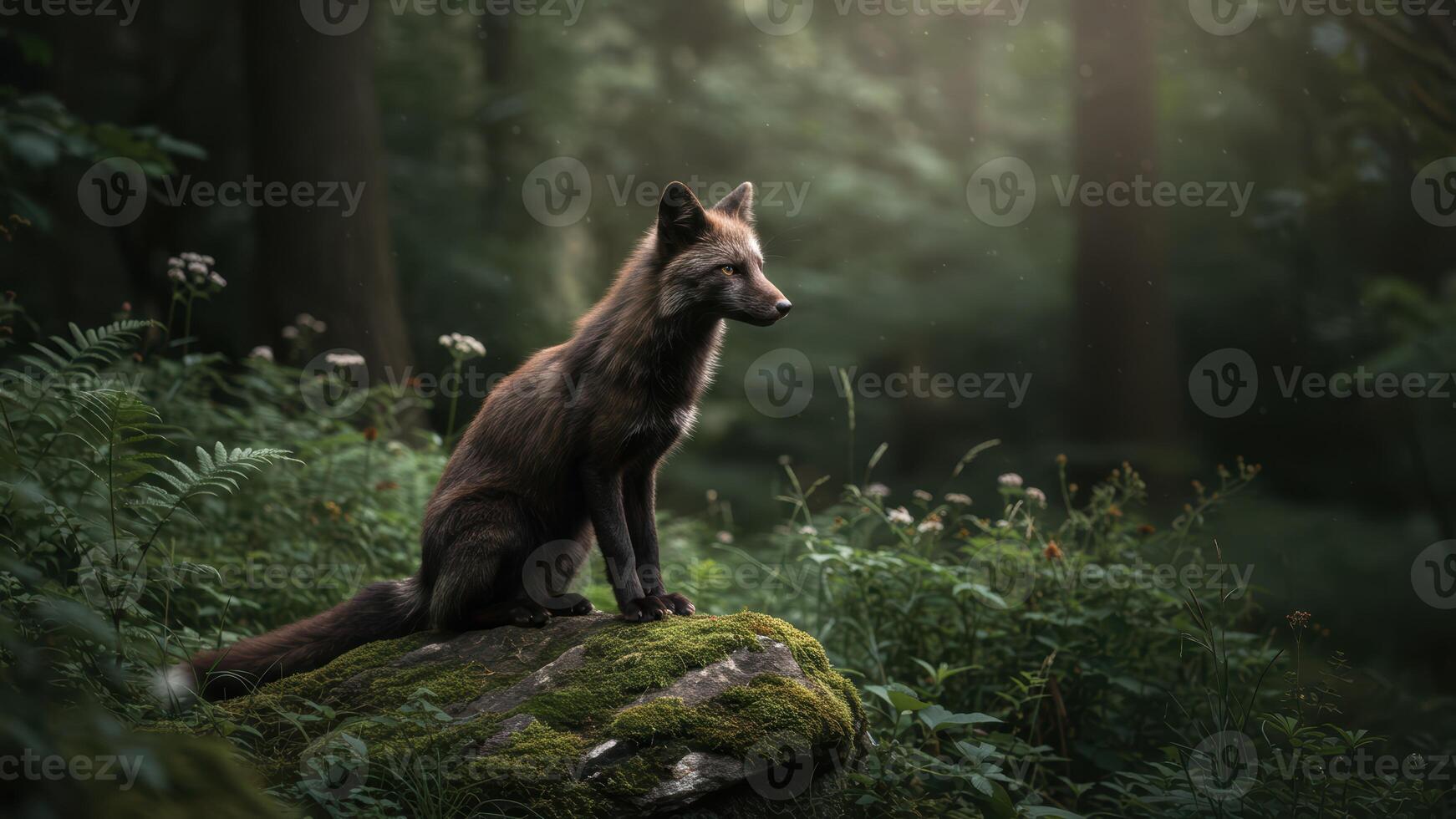 A fox sitting on a mossy rock in a lush forest environment photo