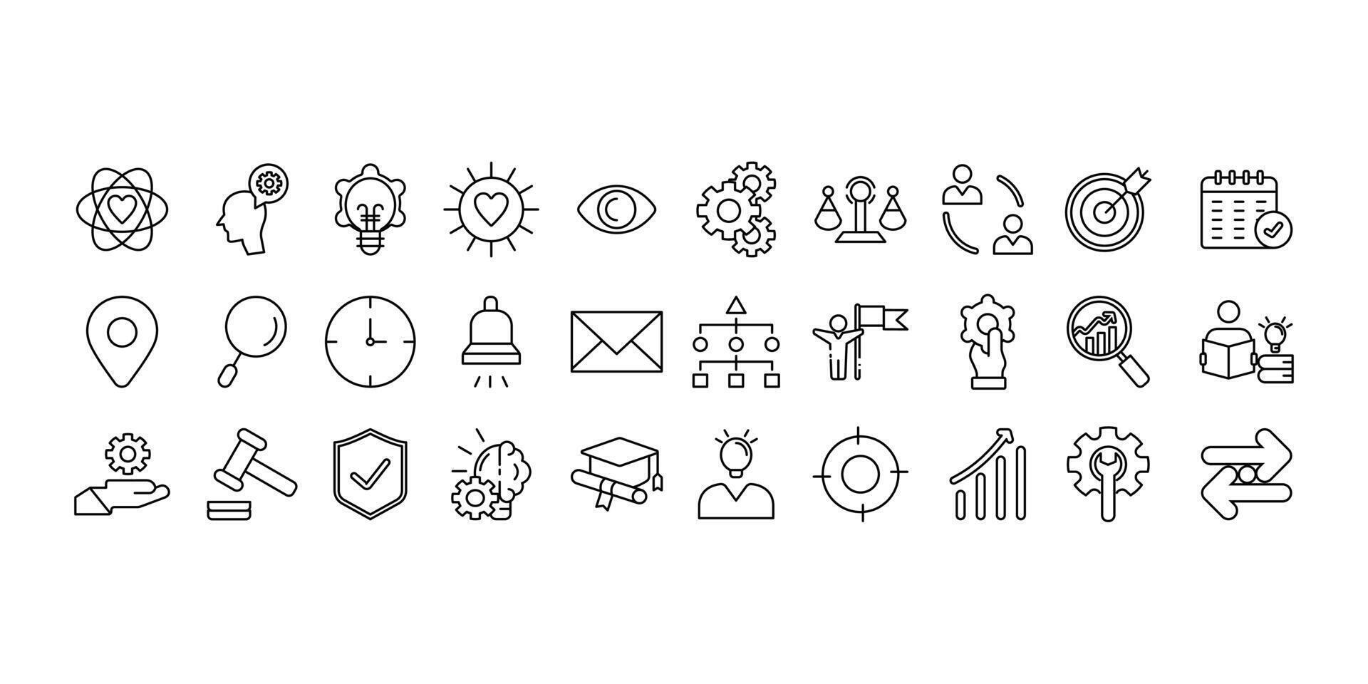 Collection of black line icons showcasing core values. Suitable for presentations, infographics, and web designs. Useful for corporate materials. vector