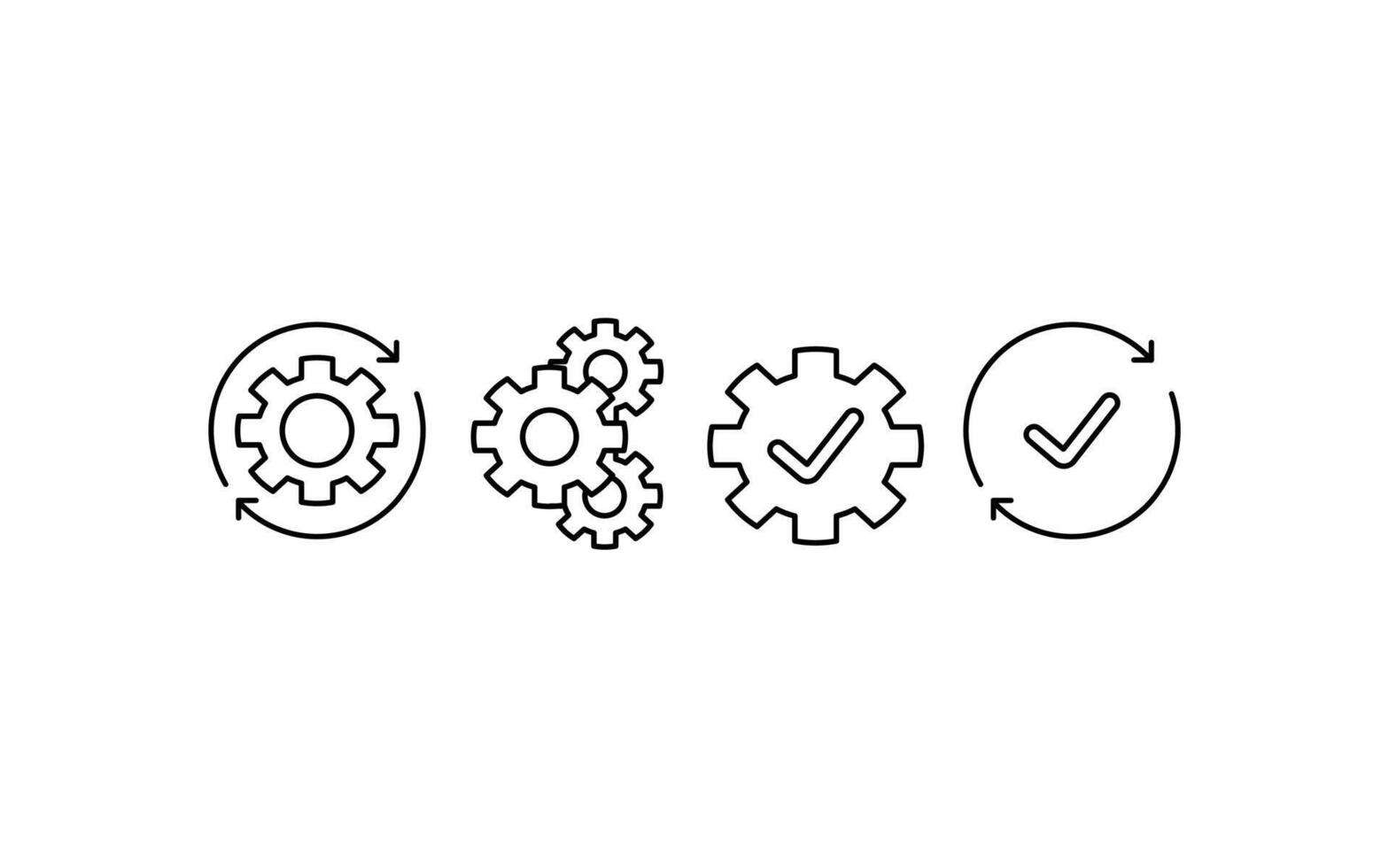 Sync process depicted with four icons of gears, checkmarks, and arrows. Suitable for technology presentations and project management materials. vector