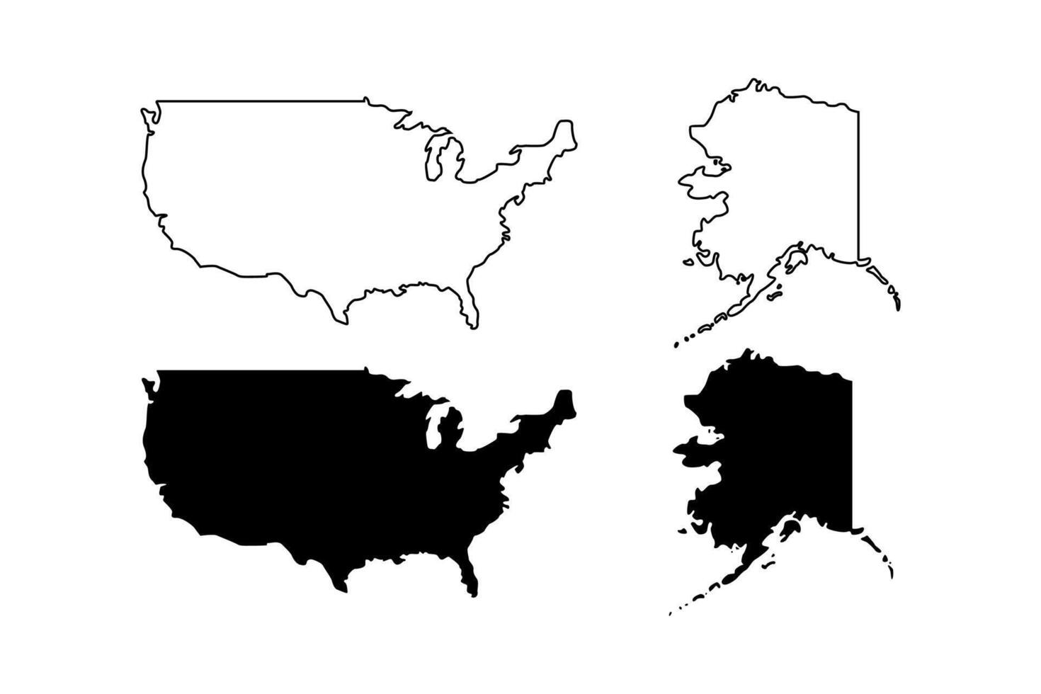 America and Alaska map outline and black silhouette isolated on white. Blank country borders. Clipart design for geographic, travel or political banner background design, event illustration. vector