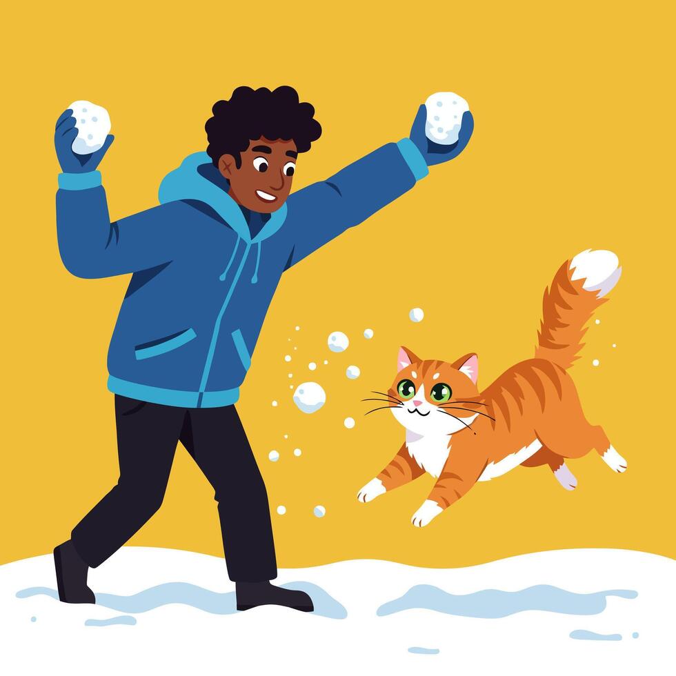 Boy Throwing Snowballs and Playing with an Orange Cat Outdoors vector