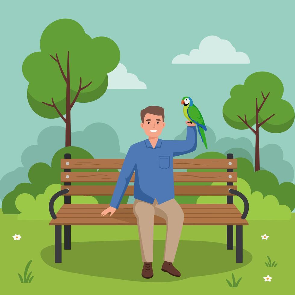 Man Sitting with Parrot on Park Bench Enjoying Peaceful Afternoon vector