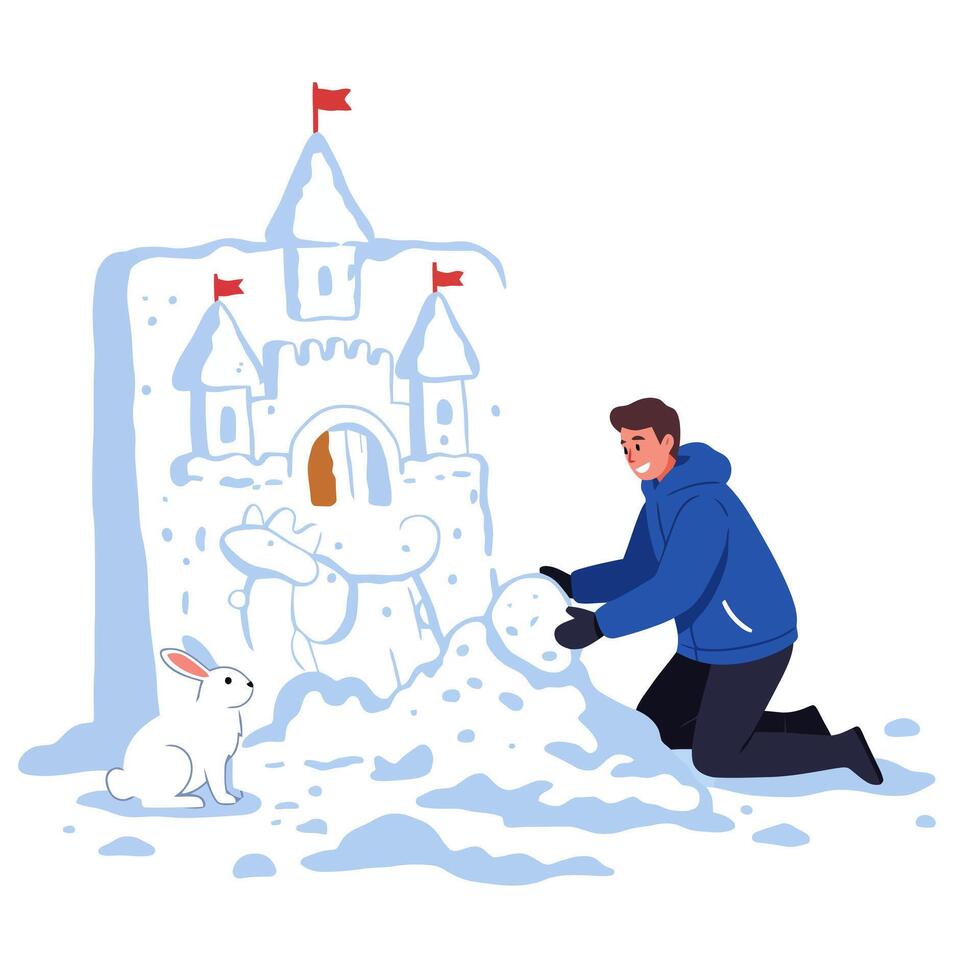 Building a Snow Castle with a Companion on a Winter Day vector