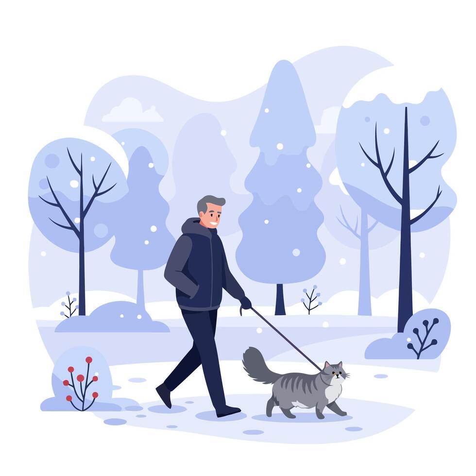 Walking a Cat in Snowy Park During Winter Season vector
