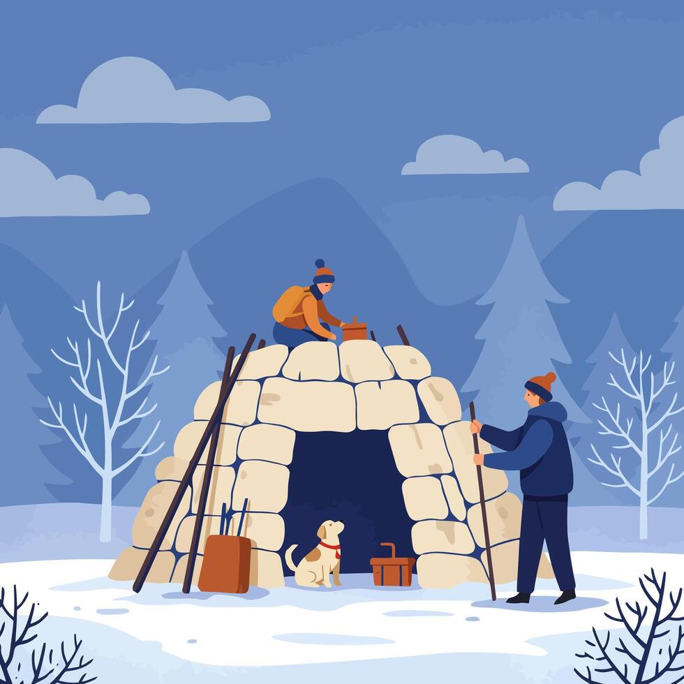 Building Igloo Together in Winter Scene with Dog and Tools vector