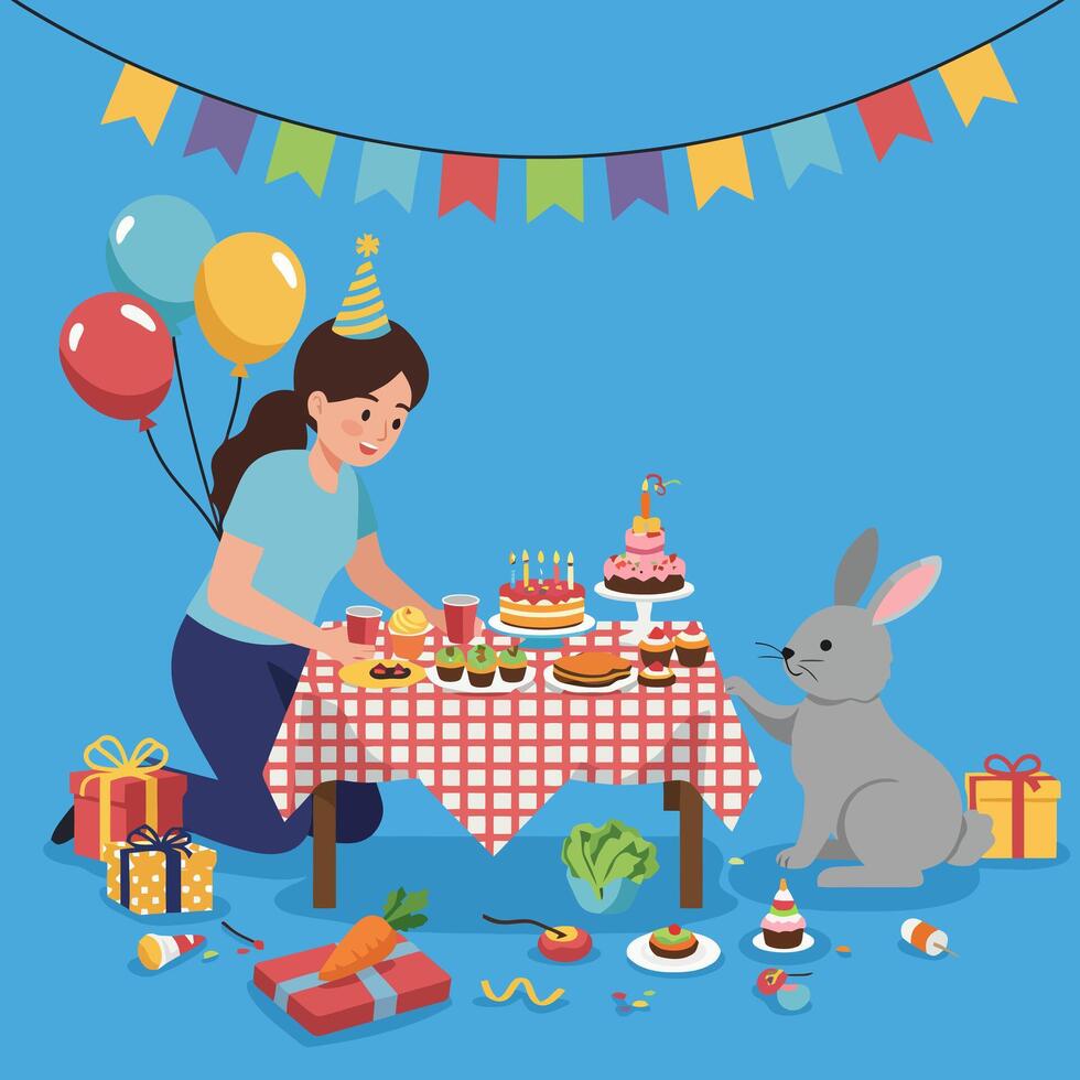 Woman Preparing Birthday Party with Cake and Rabbit on Blue Background vector