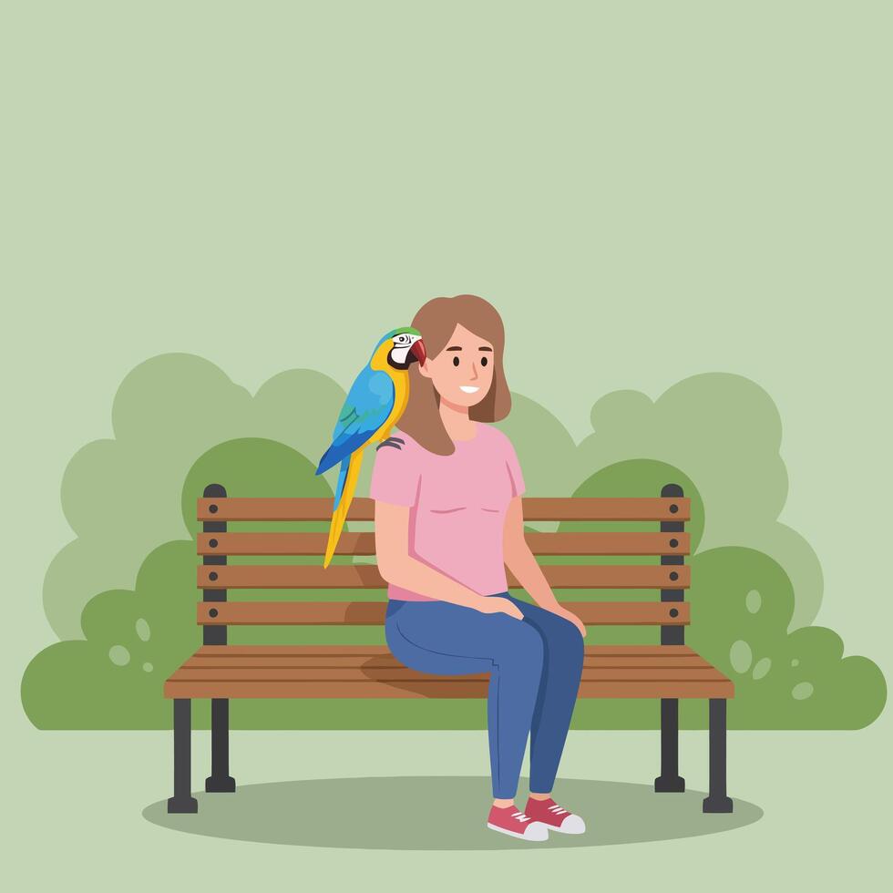 Woman Sitting on Bench with Macaw Parrot Perched on Shoulder vector