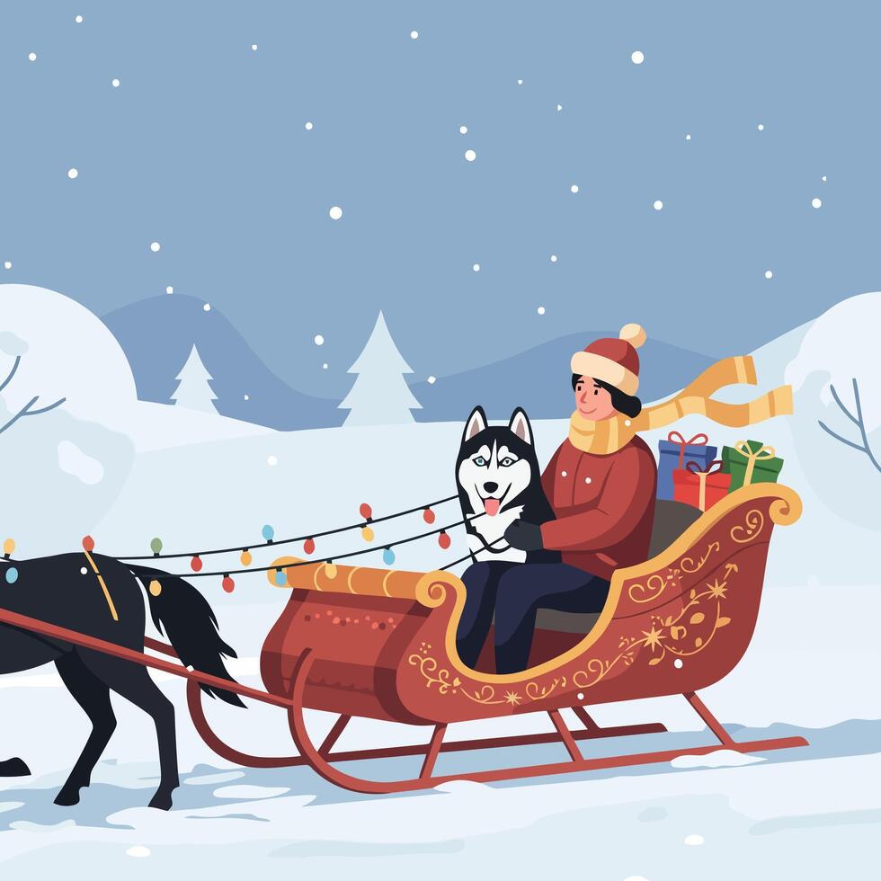 Sleigh Ride Through Snowy Landscape with Dog and Holiday Gifts vector