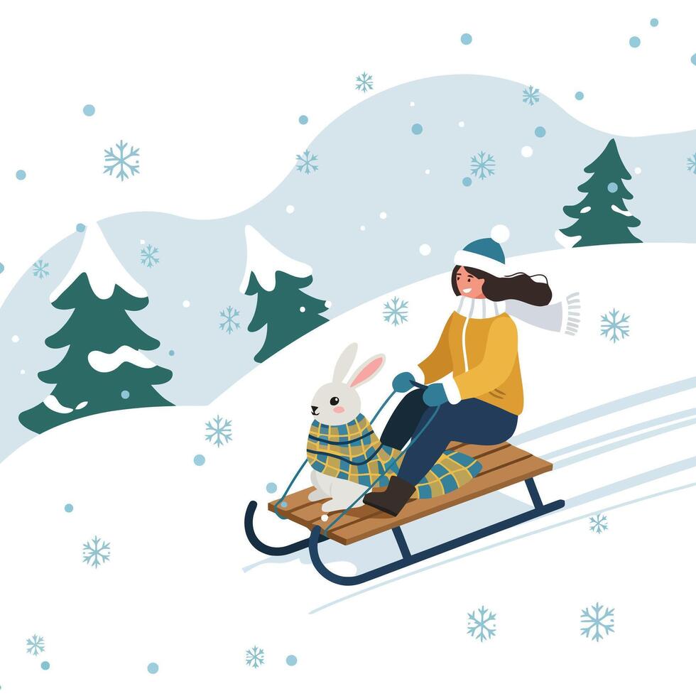 Woman Sledding with Rabbit During Snowfall in Winter Landscape vector