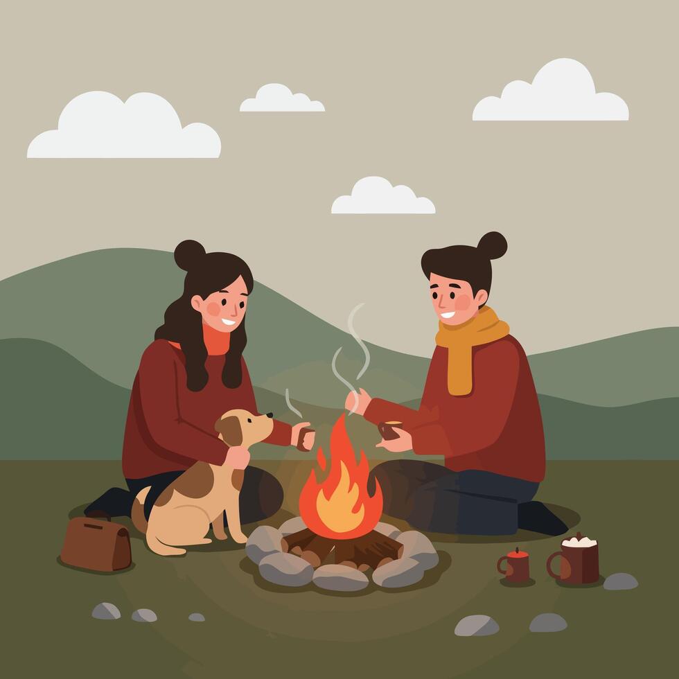 Couple Camping with Dog Enjoying Campfire and Hot Drinks Illustration vector