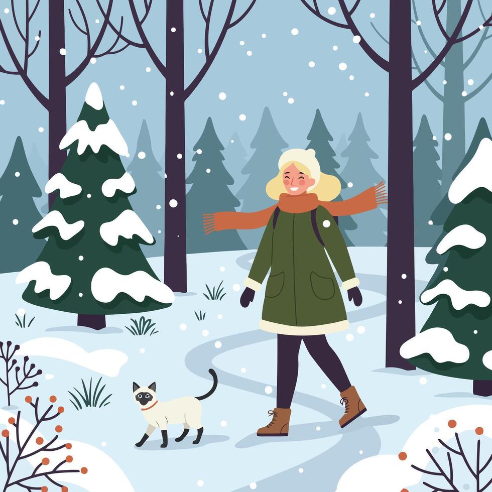 Woman Walking in Snowy Winter Forest with Cat Companion vector