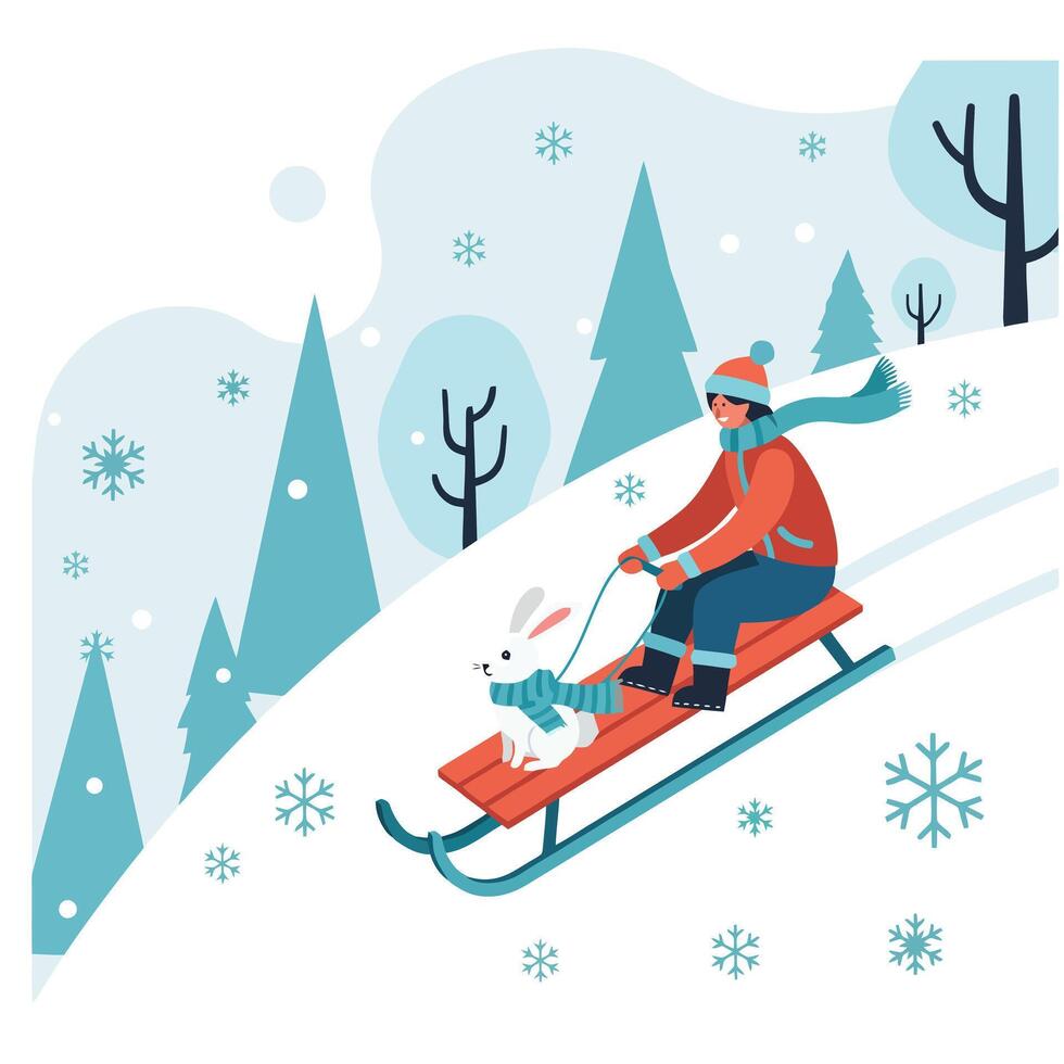 Person Sledding Down Hill with Rabbit on Winter Day vector