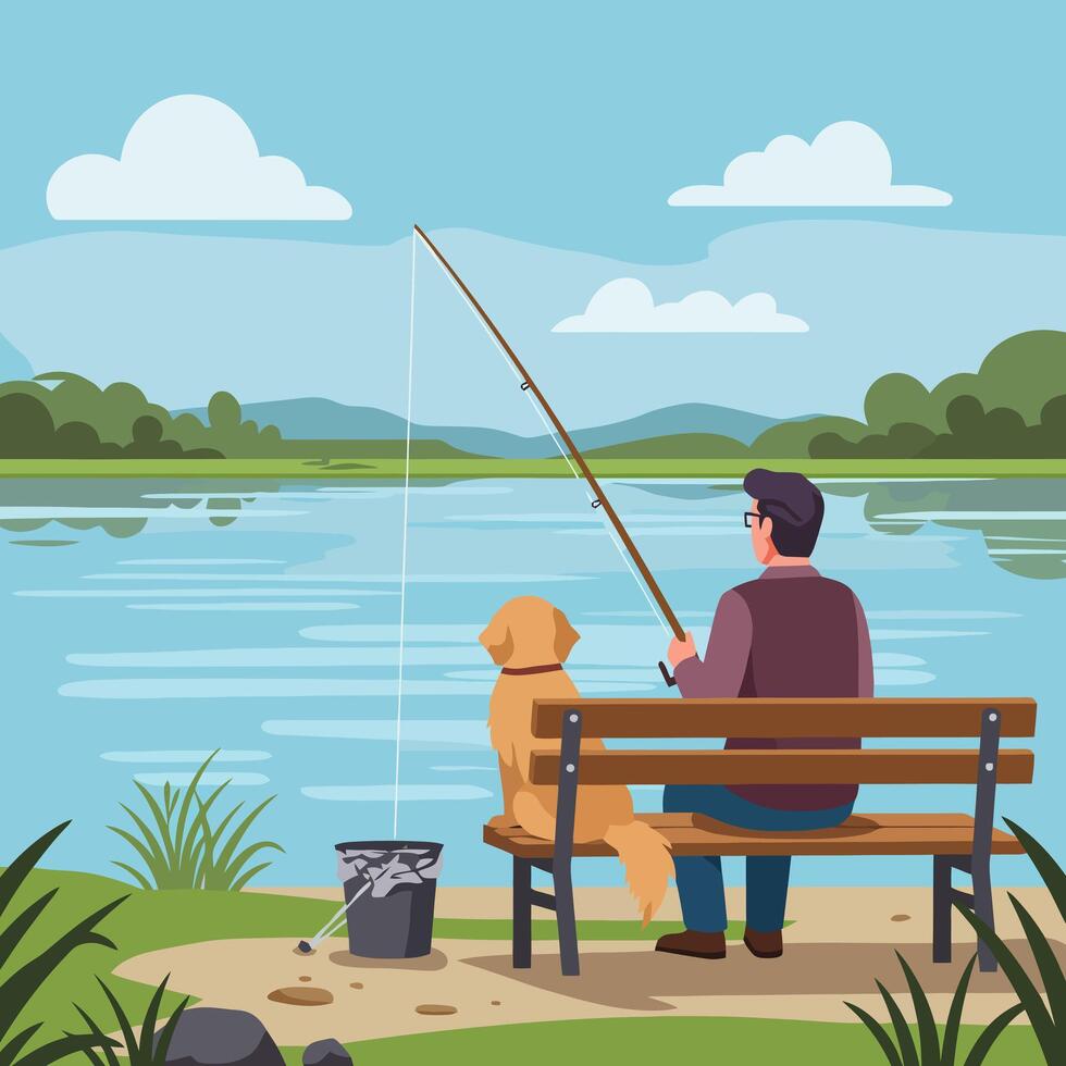 Man Fishing with Dog on Lakeside Bench for Peaceful Recreation vector