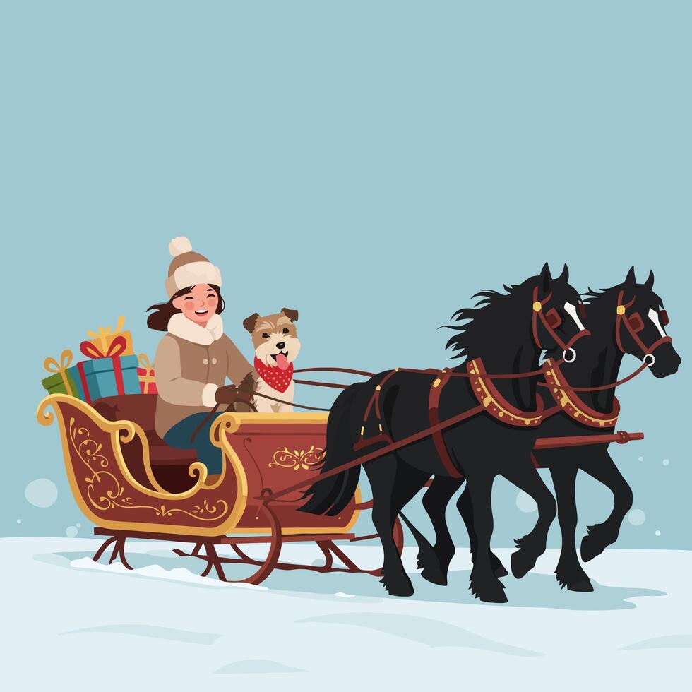Woman Riding Horse-drawn Sleigh with Dog and Gifts in Snow vector