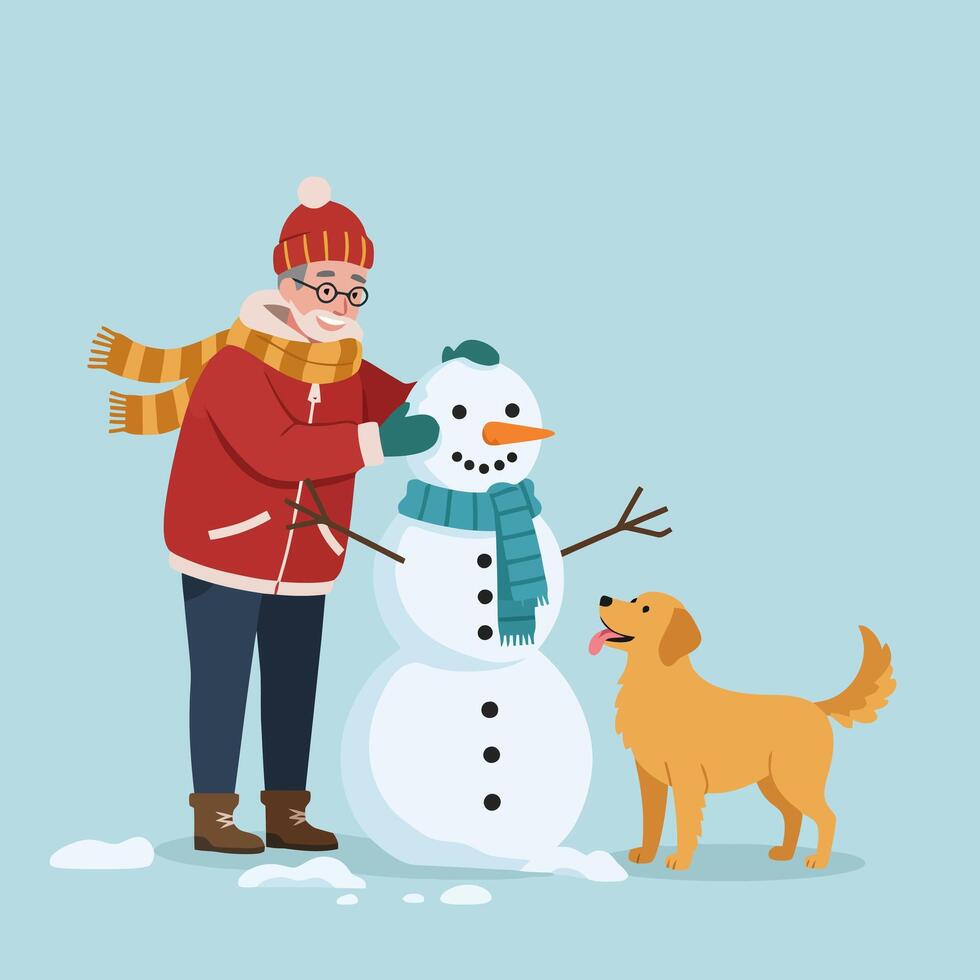 Man Building Snowman with Dog Winter Fun Outdoor Activity vector