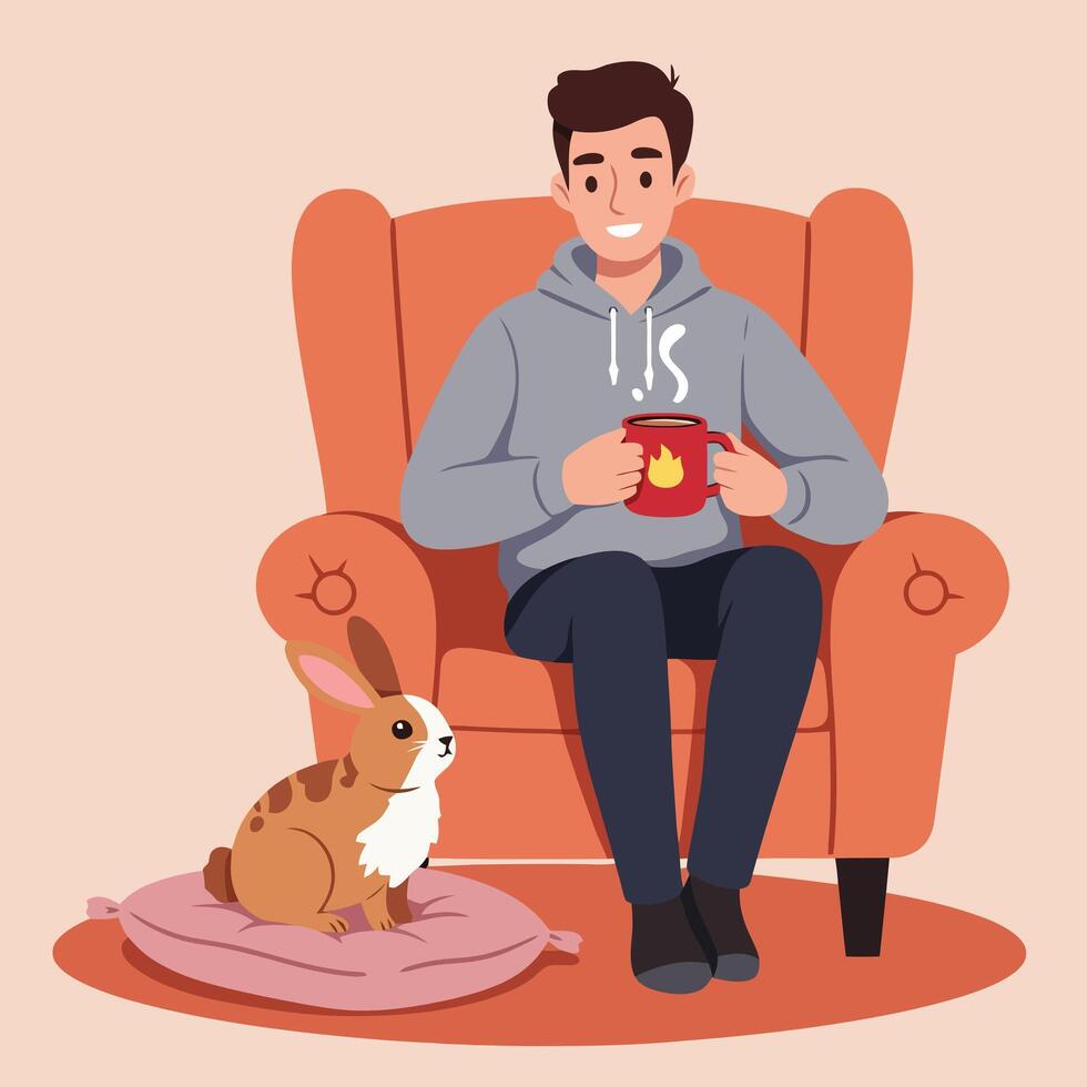 Relaxing with a Hot Drink and Bunny in a Comfortable Chair vector